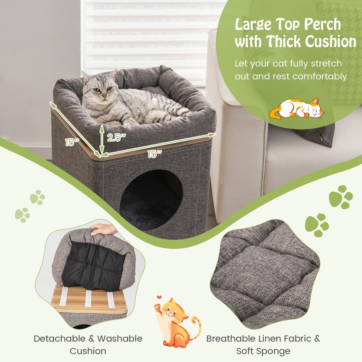 Tangkula 3-Story Cat Tree Condo, Wooden Cat House with Scratching Board, 2 Hideaways & Removable Soft Top Plush Bed, Modern Barrel-Shaped Cat Tower Furniture for Indoor Cats (Grey) Tangkula