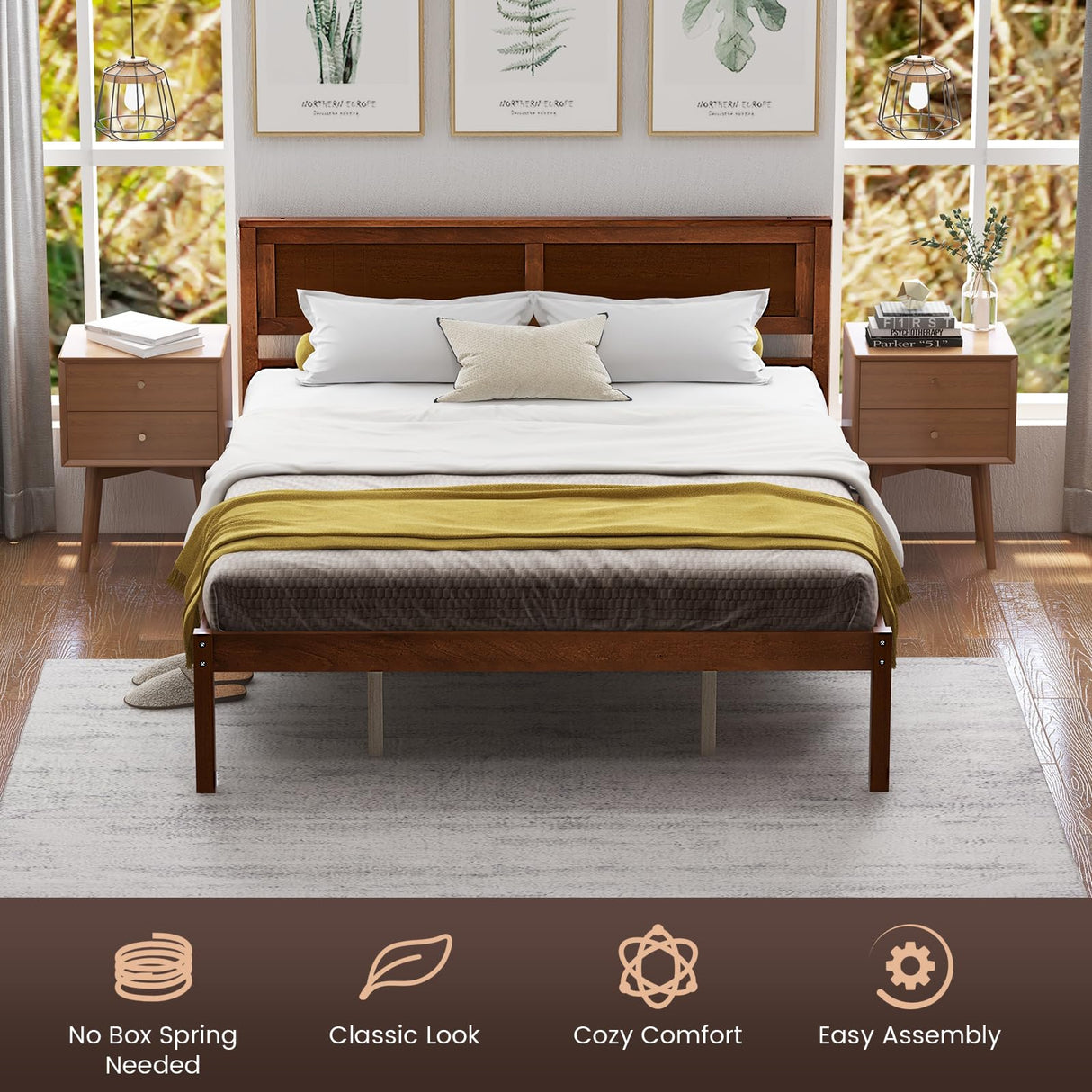 KOMFOTT Queen Size Wood Platform Bed Frame with Headboard, Solid Wood Bed Frame with Slat Support, 10-Leg Support, Under Bed Storage, 16” Mattress Foundation Bedroom Furniture, No Box Spring Needed KOMFOTT