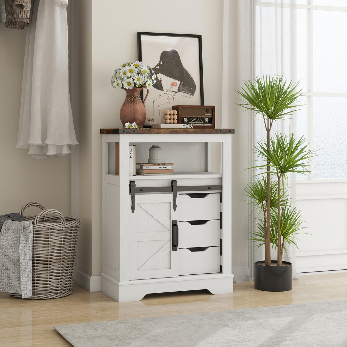 Panana Farmhouse Bathroom Floor Cabinet, Storage Cabinet with Sliding Barn 3 Drawers&Door Freestanding Small Cabinet for Bathroom, Kitchen, Laundry Room (White) Panana