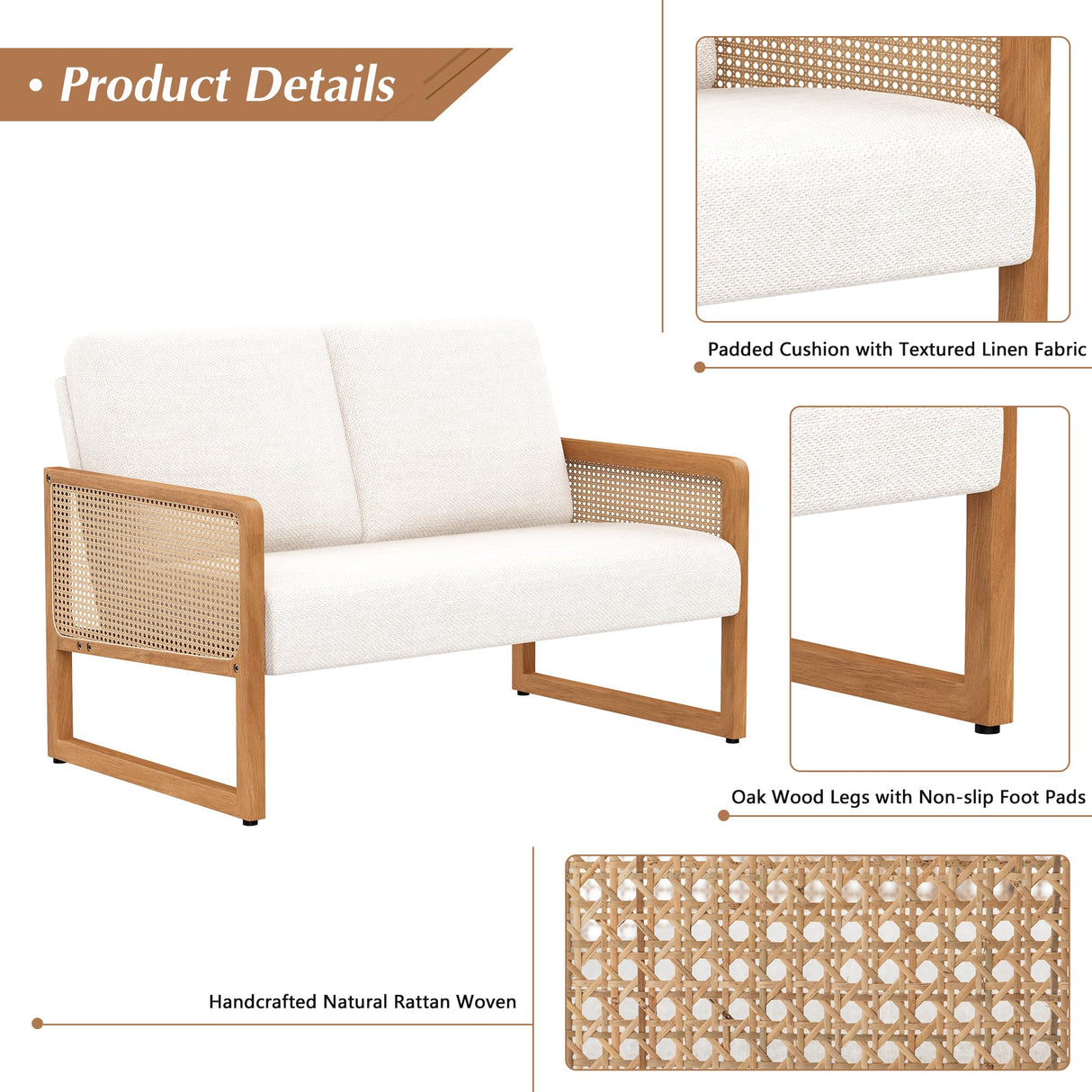 Apeaka Small Loveseat Sofa with Rattan Arms Linen Mini Couch for Living Room Bedroom Modern Upholstered Love Seat with Wood Legs Ivory Apeaka