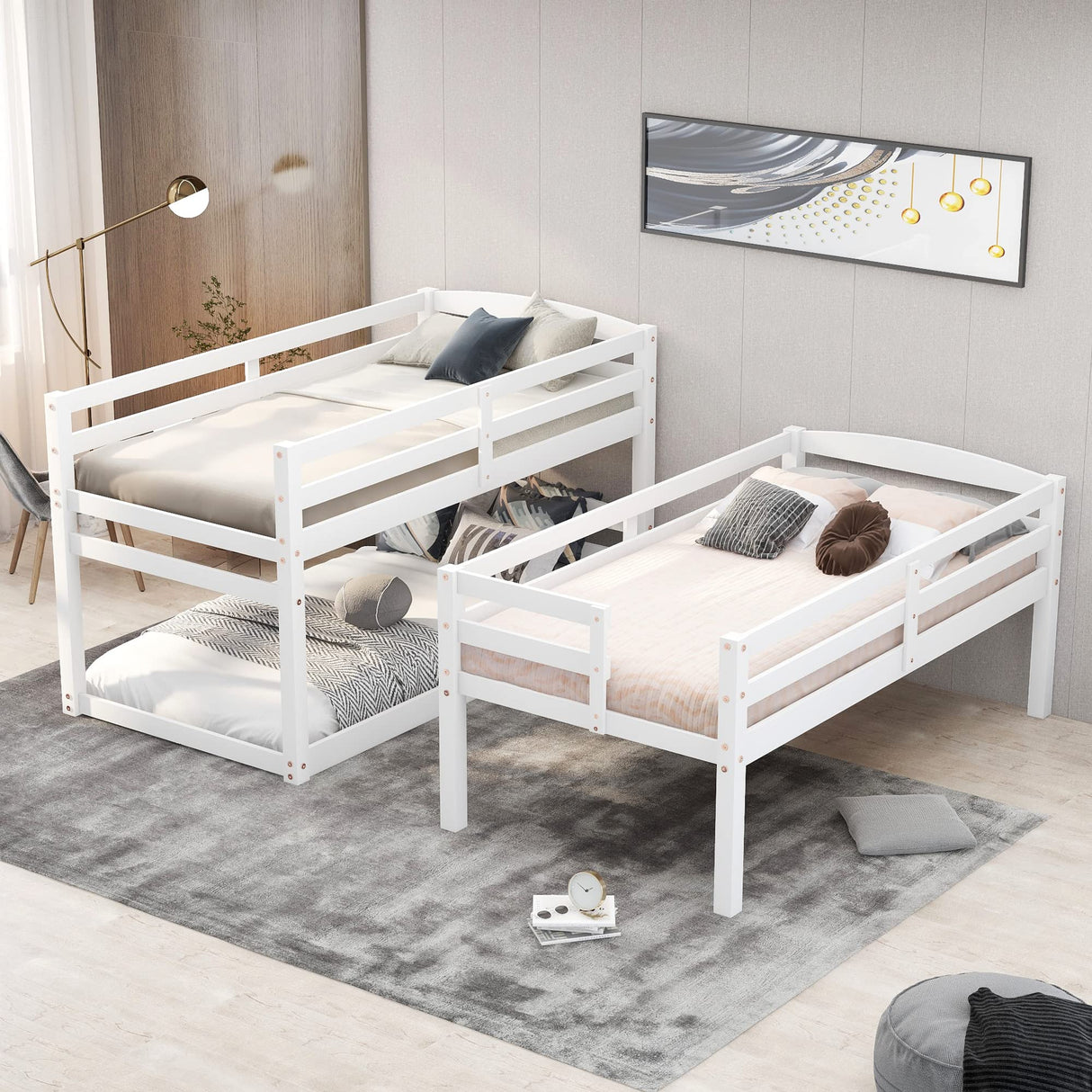 Aiuyesuo Twin Size Triple Bunk Bed with Storage Staircase, Separate Design Pine Wood Bunk Bed Frame with Safety Guardrails, 3 Beds in 1, Easy to Assemble Aiuyesuo
