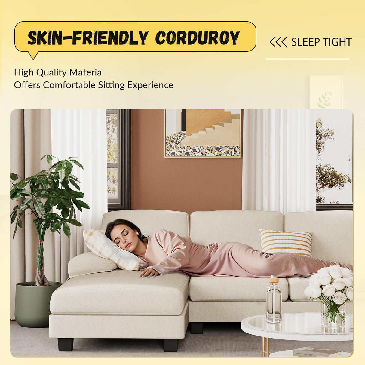 JUMMICO Sectional Couches for Living Room, U Shaped Couch with Chenille Fabric, 4 Seat Modern Sofa with Removable Pillows for Apartment and Small Space (Corduroy, Beige) JUMMICO