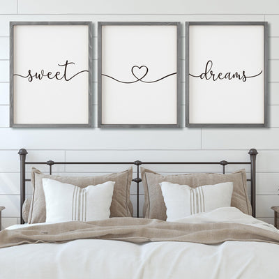 Set of 3 Framed Farmhouse Sweet Dreams Sign 11x14” Above Bed Wall Decor for Bedroom Decor Wall Art Wood Signs (11"x14", Gray)
