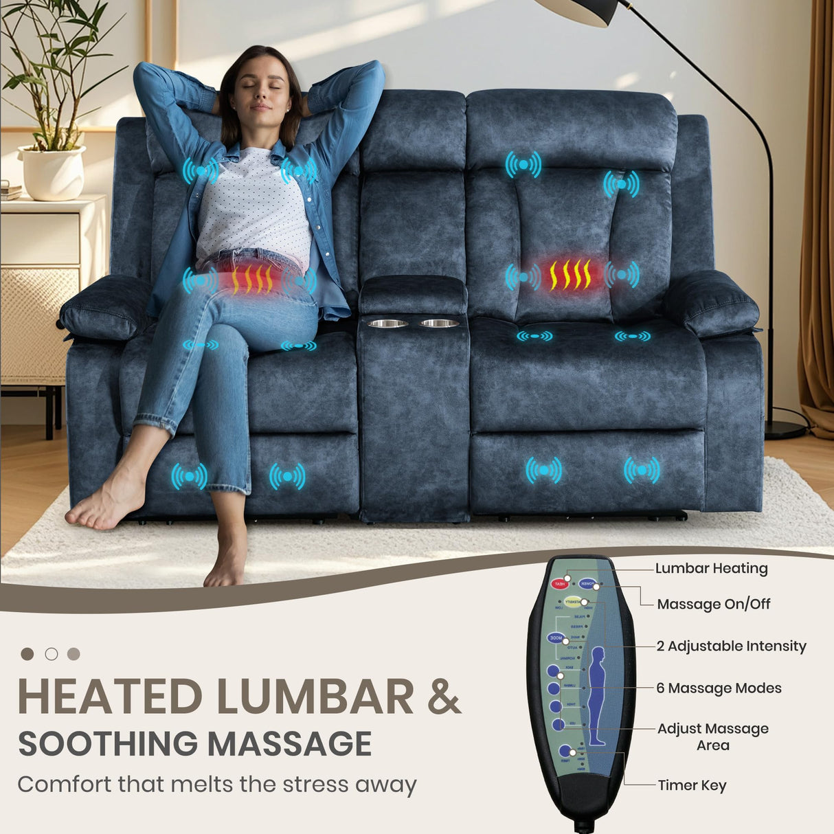 PALLOME Power Reclining Loveseat with Heat & Massage, Dual Recliner Sofa with Console, Cup Holders, USB & Type-C Ports, 2 Seater Electric Reclining Couch for Living Room, RV (Blue, 2 Seat) PALLOME