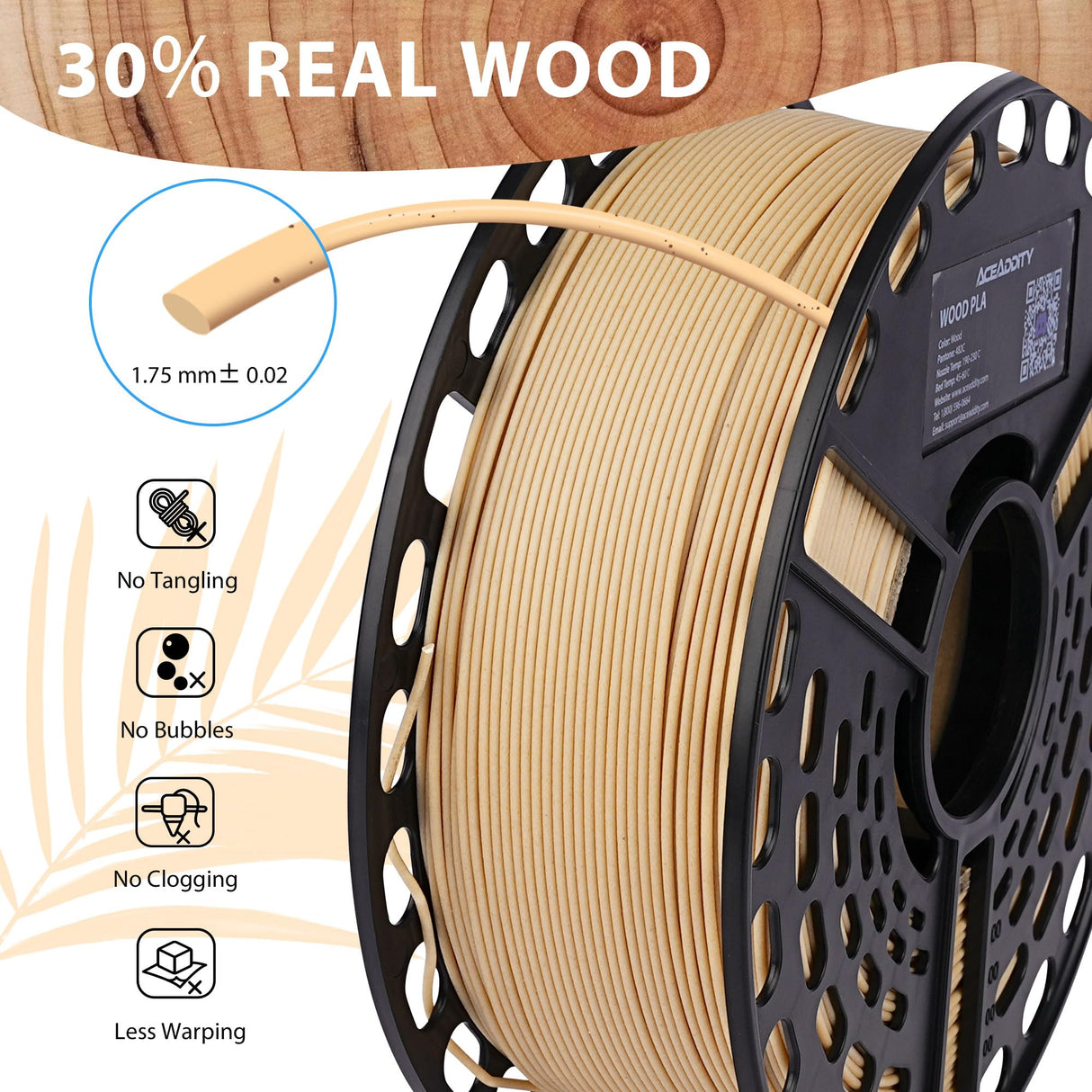 AceAddity Wood PLA 3D Printer Filament, 30% Real Wood, Dimensional Accuracy +/- 0.02 mm, 1 kg Spool, 1.75 mm Aceaddity