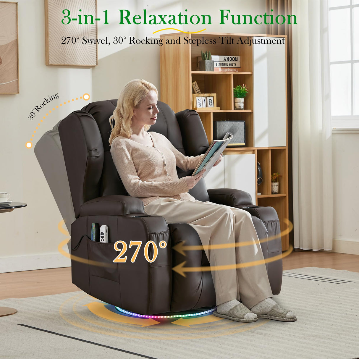 URRED Rocker Recliner Chair for Adults with Vibrating Massage and Heat, 270° Swivel Glider Rocking Chair Nursery Power Reclining Sofa with Ambient Lighting, Cup Holders, Faux Leather, Dark Brown URRED