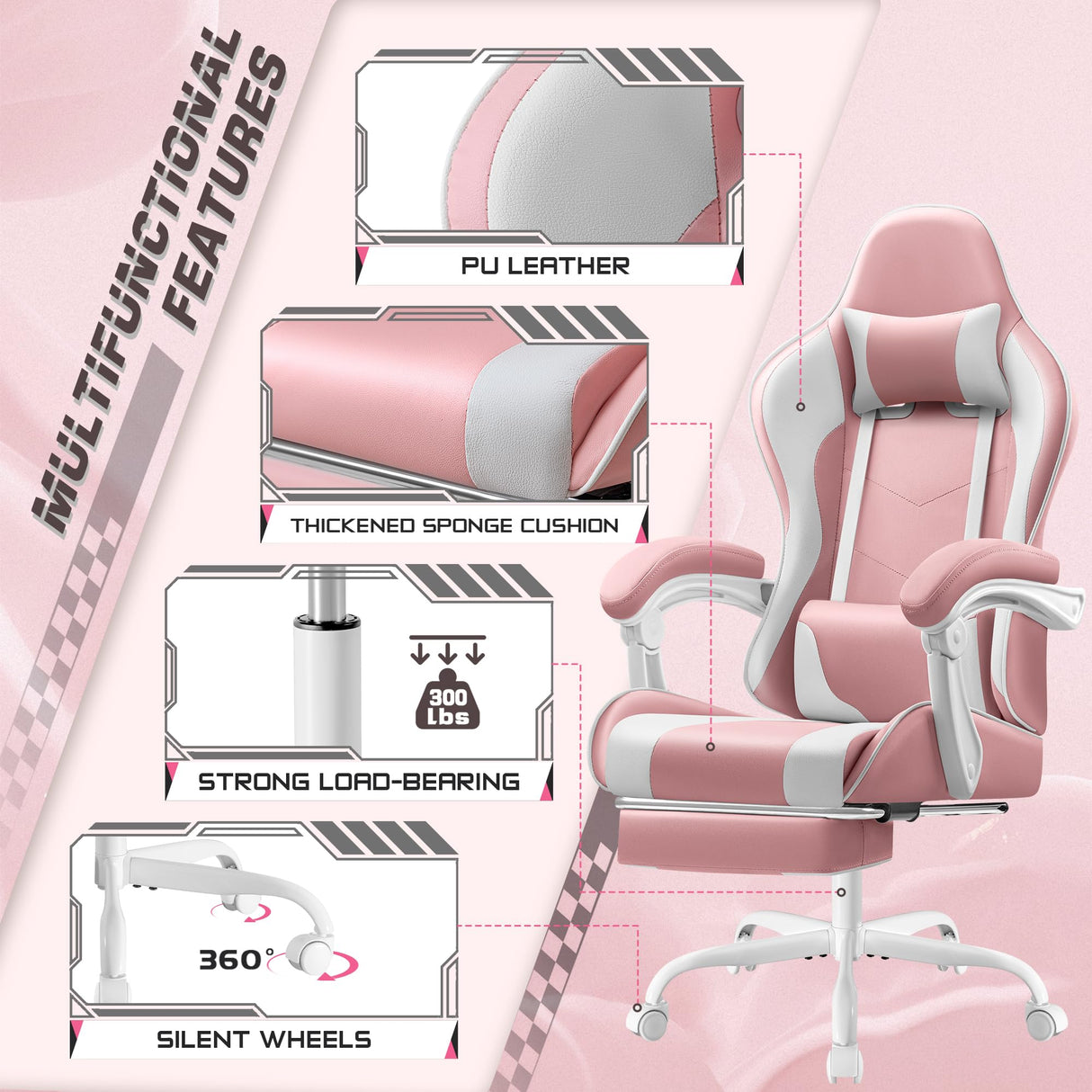 Shahoo Gaming Chair with Footrest and Massage Lumbar Support, Video Racing Seat Height Adjustable with 360°Swivel and Headrest for Office or Bedroom, Pink Shahoo
