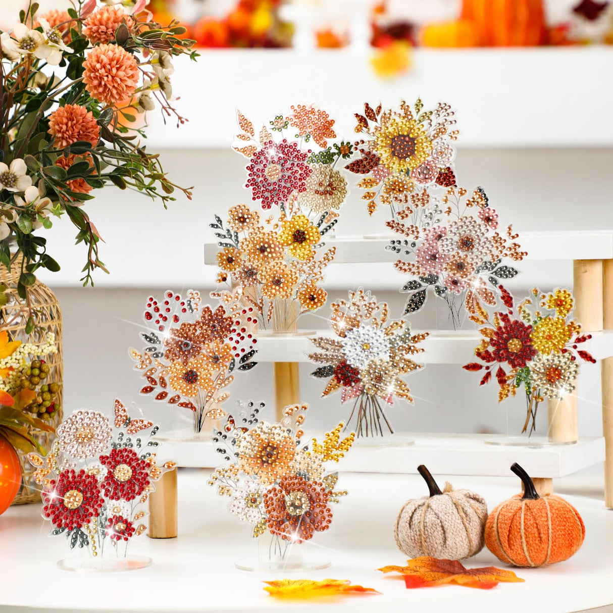 Kosiz 9 Pcs Thanksgiving Diamond Painting Tabletop Decorations Fall Wildflower Diamond Art Kits for Adults Double Sided Acrylic Flower Centerpiece for Tables DIY Crafts Party Decor Thanksgiving Gifts Kosiz