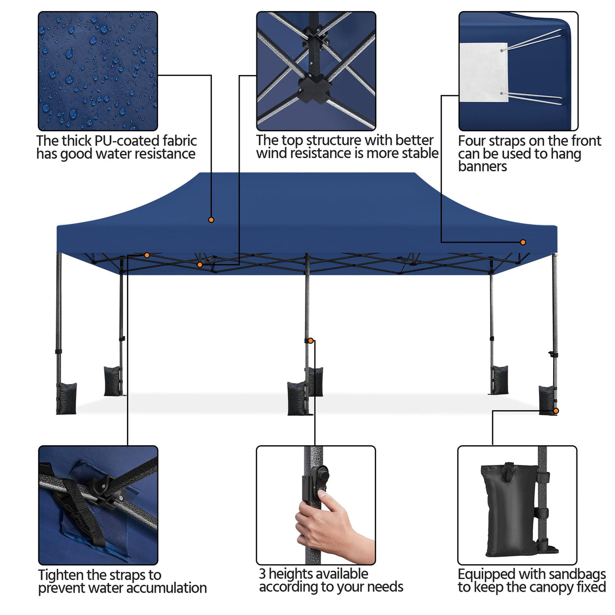 Yaheetech Heavy Duty Pop Up Canopy Tent, 10x20 Commercial Instant Shelter Tent for Wedding, Parties, Adjustable Outdoor Canopy with Wheeled Carry Bag, 6 Sandbags & 10 Stakes, Navy Blue Yaheetech