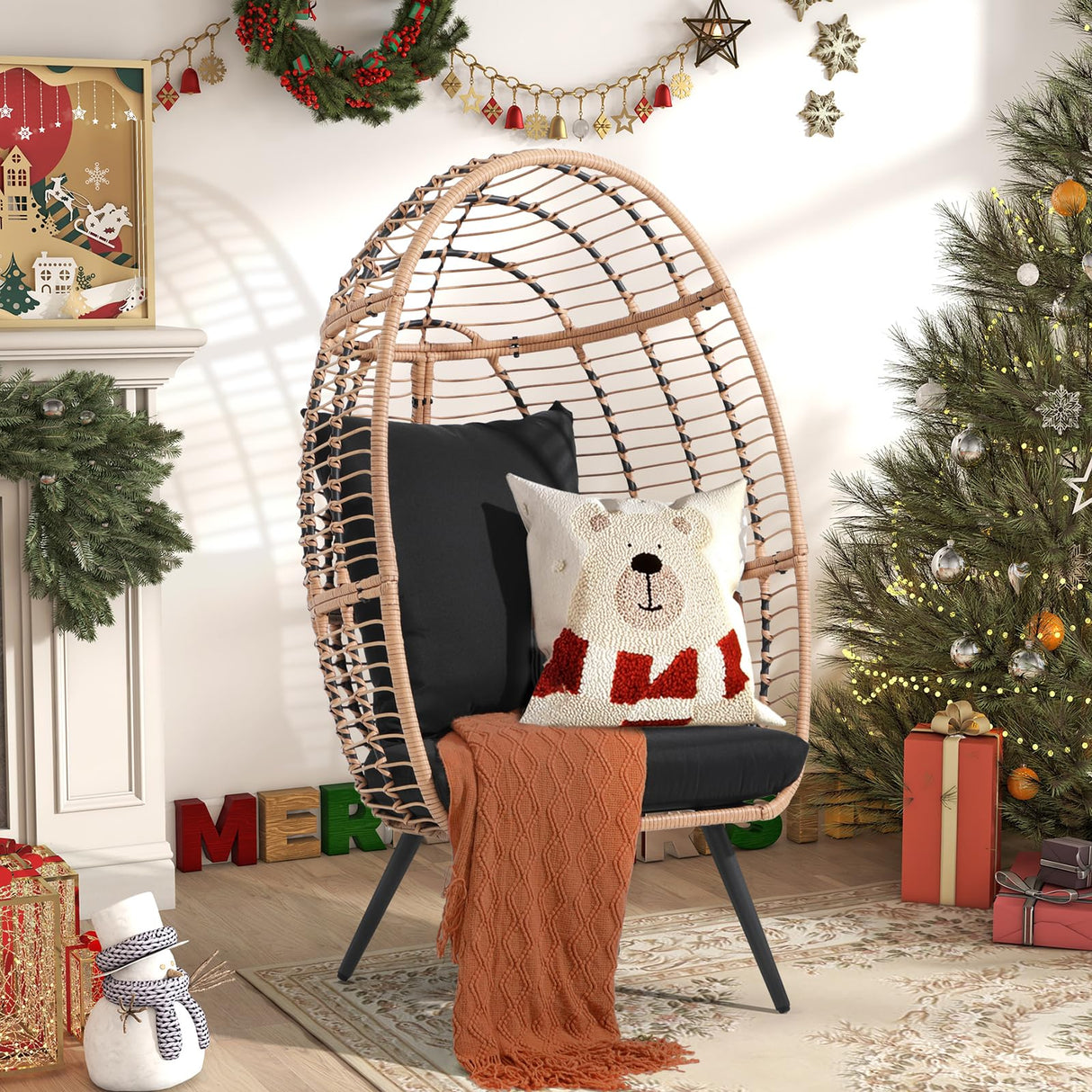 Patiorama Wicker Egg Chair Outdoor Indoor, Rattan Lounge Chair for Outside w/Legs Cushion, Basket Wicker Chair for Bedroom Living Room Front Porch Backyard Garden 350 lbs Capacity (Black) Patiorama