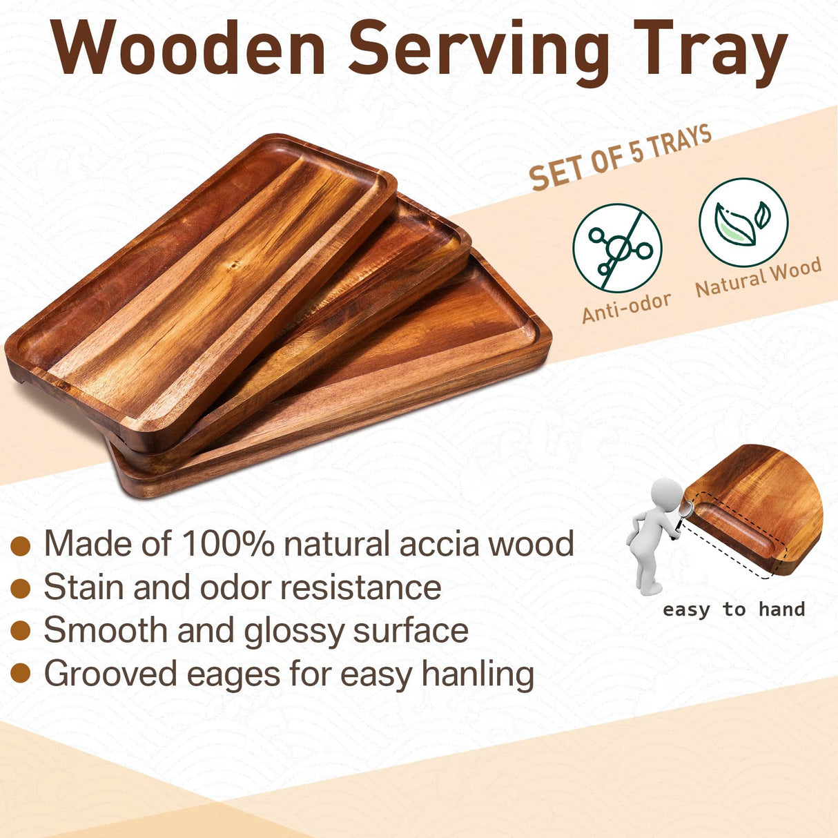 5 Pack Solid Acacia Wood Serving Trays, Rectangular Wooden Serving Board for Food Appetizer Serving Tray Plates for Vegetables Fruit Charcuterie Cheese Platters Home Kitchen Decor (16 x 6.5 Inch) Roowest