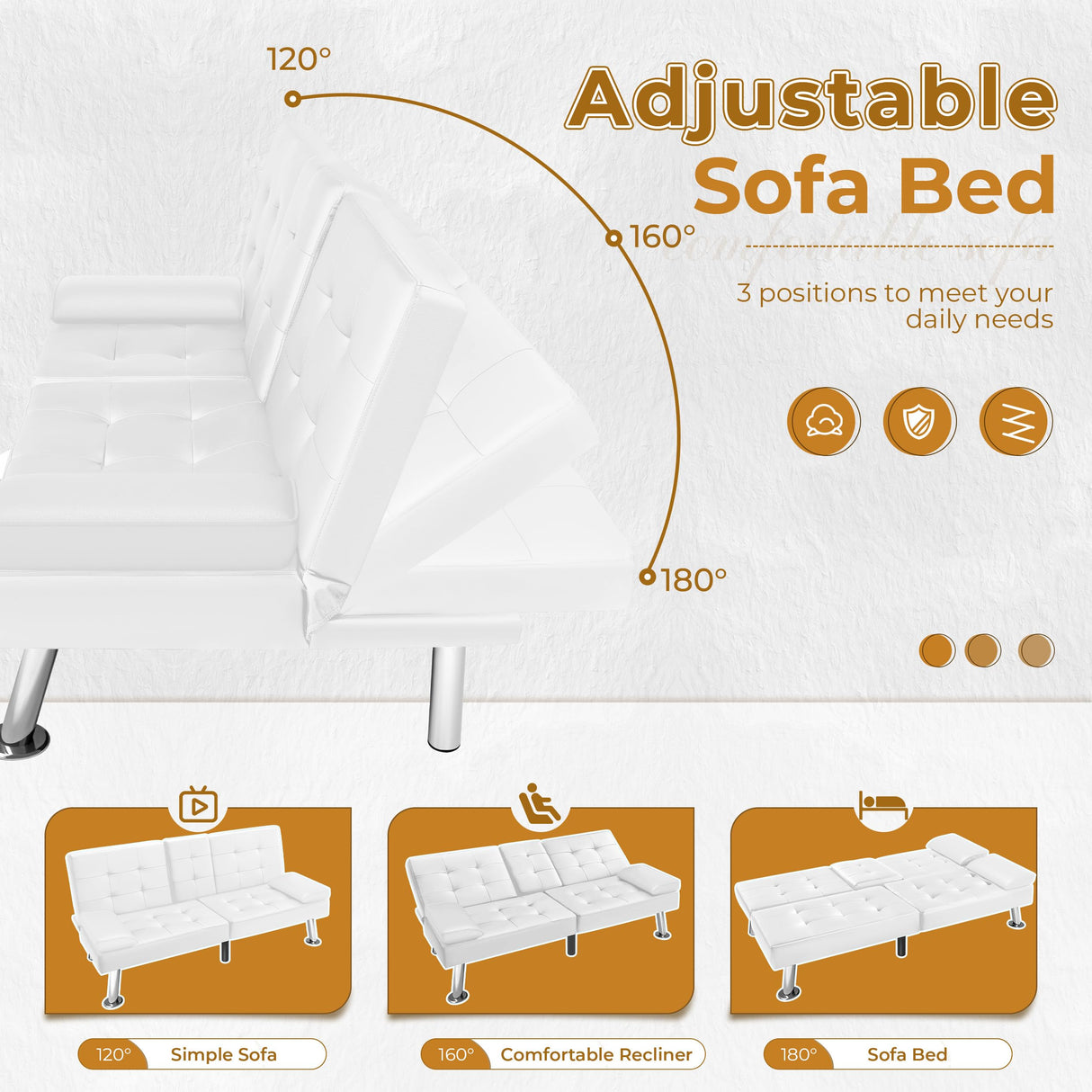 VICTONE Futon Sofa Bed Modern Faux Leather Couch Bed Convertible Folding Recliner for Living Room with 2 Cup Holders and Armrest (White) VICTONE