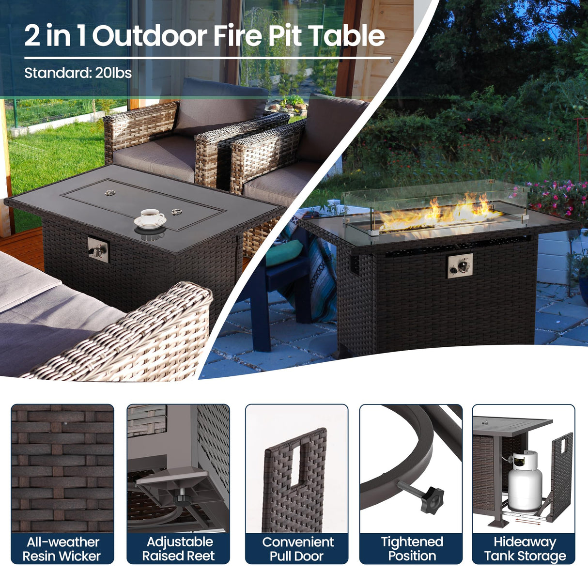 Amopatio 5 Pcs Patio Swivel Chairs and 44" Glass Top Propane Gas Fire Pit Table, All Weather Breathable Outdoor Furniture Set for Backyard Deck Lawn Garden, Dark Grey Amopatio