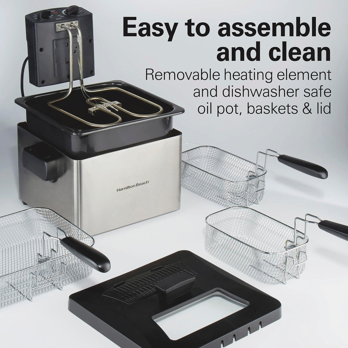 Hamilton Beach Electric Deep Fryer with Lid 4.5 Liters / 19 Cups Oil Capacity, Temperature Control, View Window, Professional Style, 1800 Watts, Three Frying Baskets, Stainless Steel Hamilton Beach