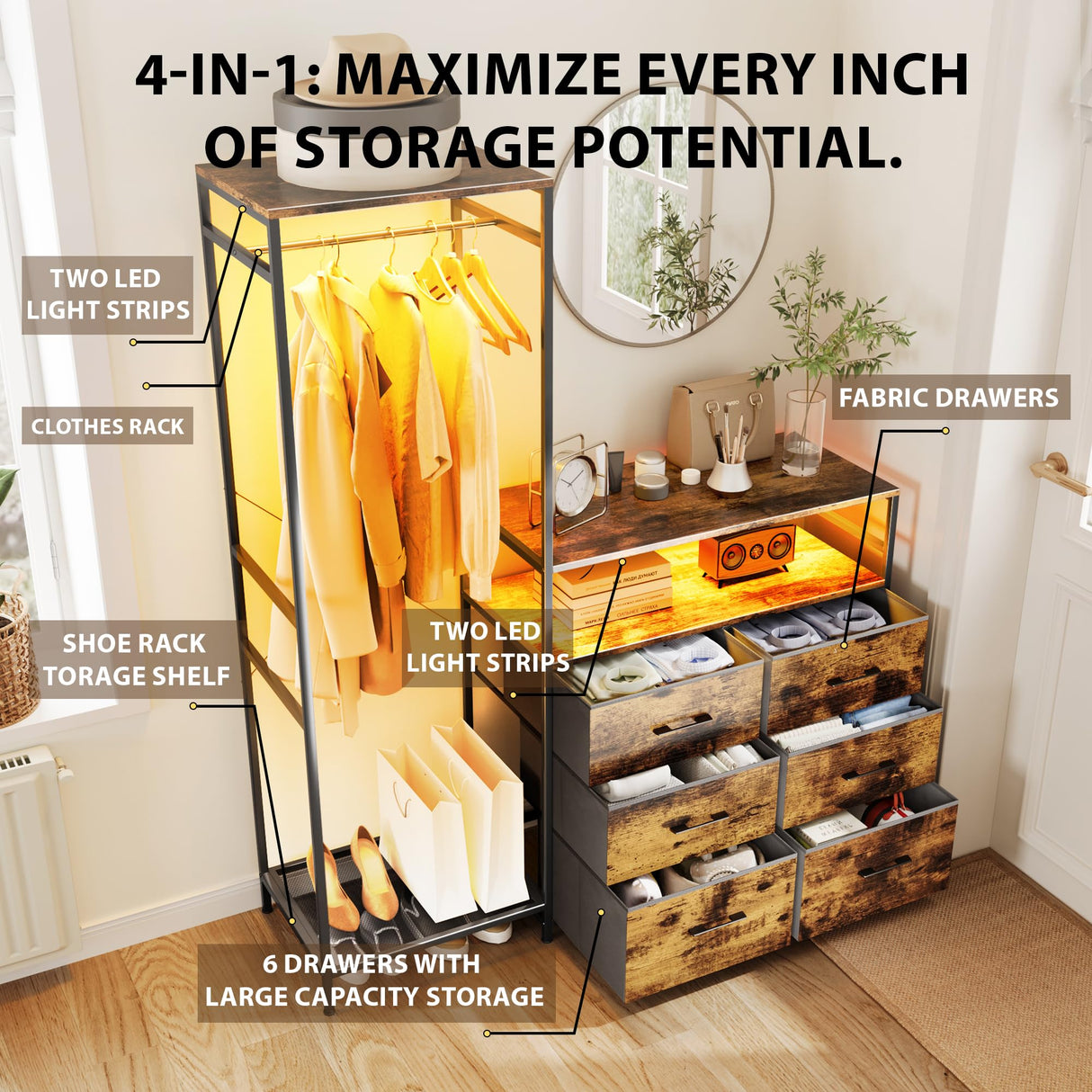 Famovoneer Heavy Duty Garment Rack with Fabric Drawers and LED Light, Freestanding Portable Closet Wardrobe Systems with Shelves for Bedroom, Entryway, Apartment Famovoneer