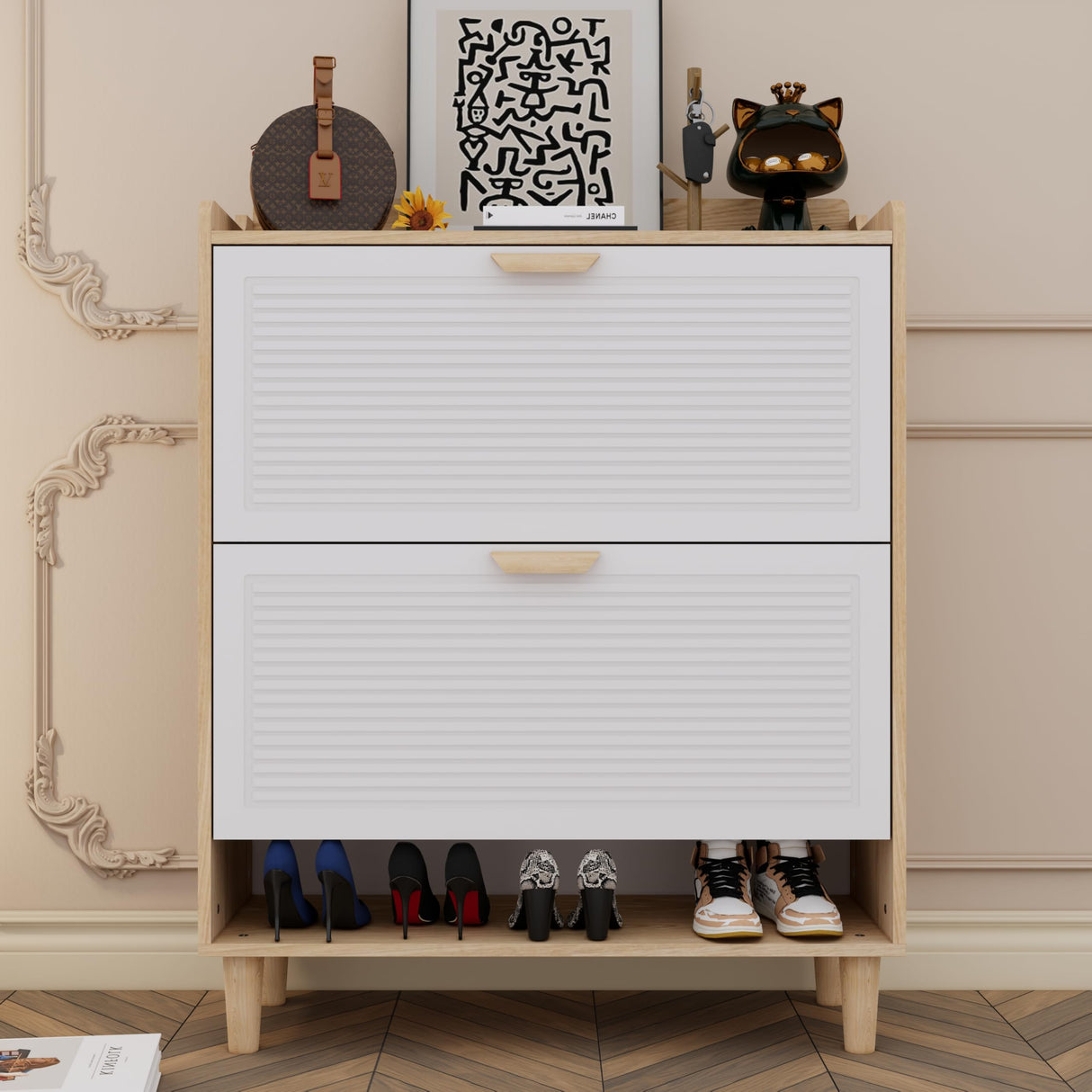 Vibe & Dine Shoe Storage Cabinet with 2 Flip Drawers, Freestanding Shoe Organizer with Solid Wood Legs for Entryway, Narrow Shoe Rack Cabinet for Bedroom, White Vibe & Dine