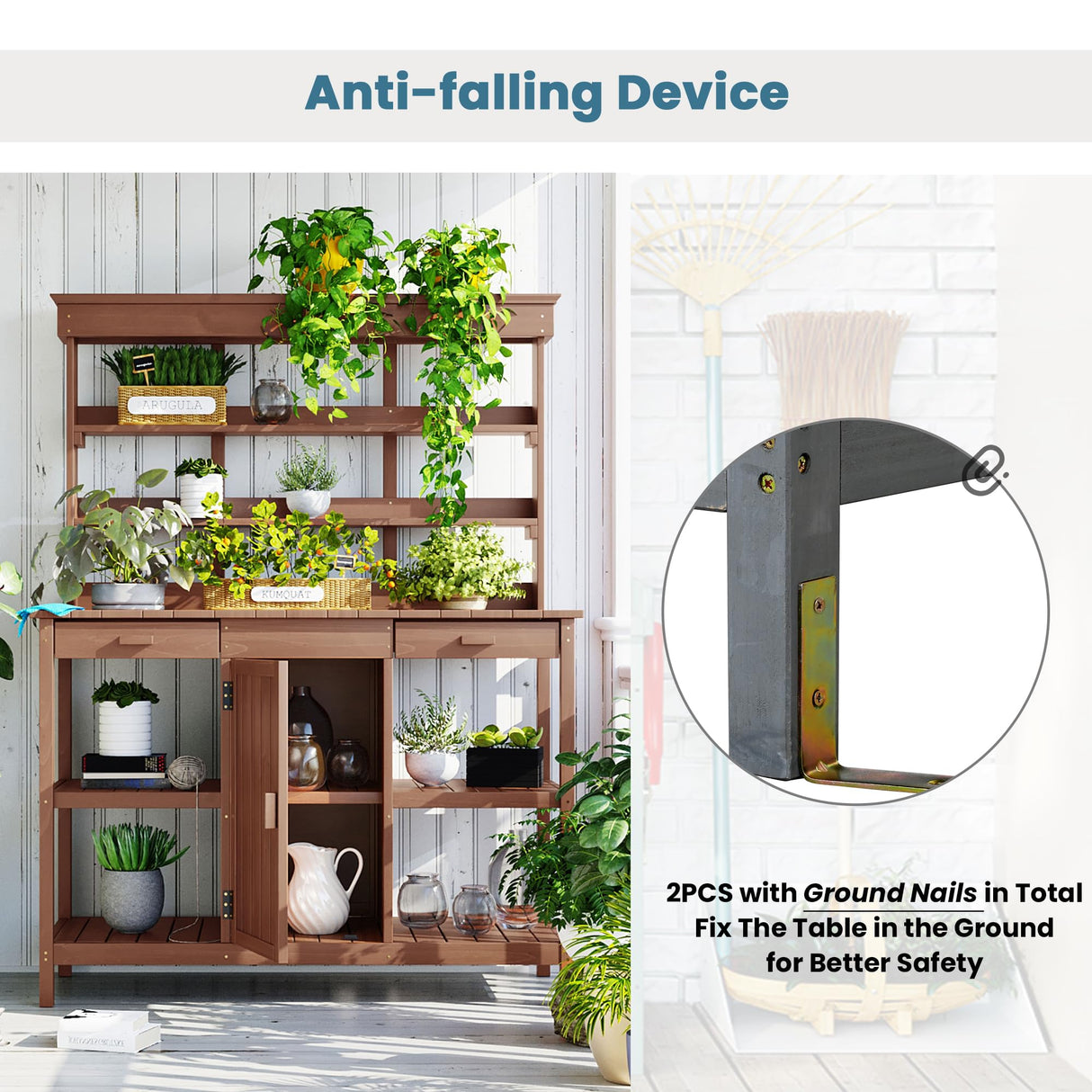 Outdoor Wooden Potting Bench Table with Storage Cabinet, Drawers & Shelves – Garden Workstation for Backyard & Patio Use (Brown, 100% Fir Wood) ENICFENA