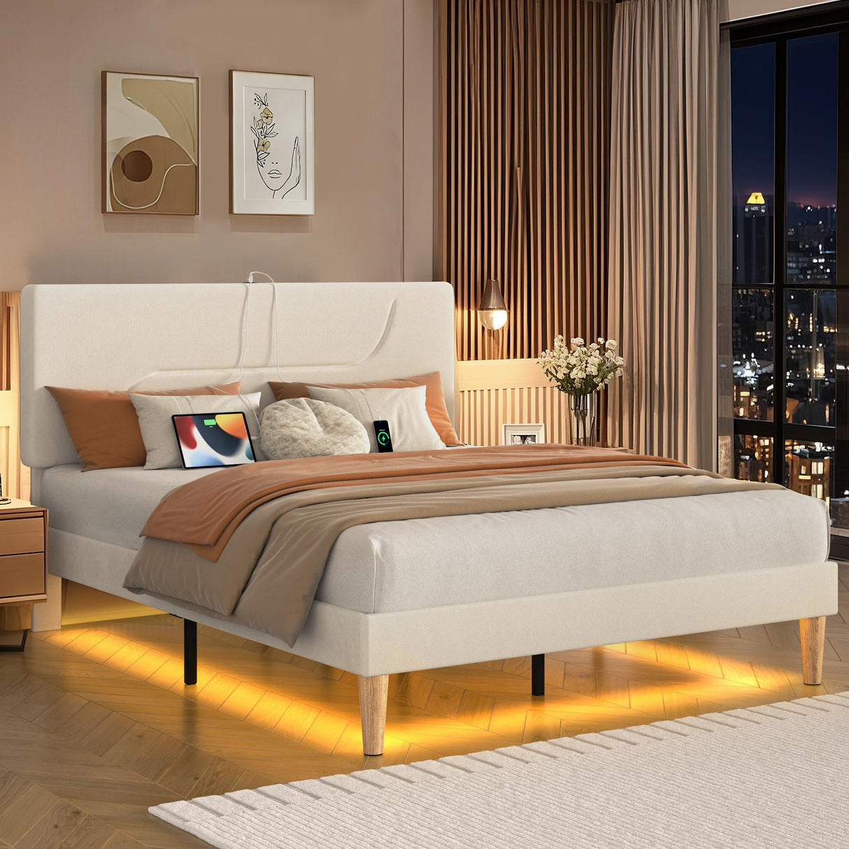 VECELO Full Size Bed Frame with LED Lights, Upholstered Velvet Headboard with Charging Station, Metal and Wood Slats, No Box Spring Needed, Noise Free, Beige VECELO
