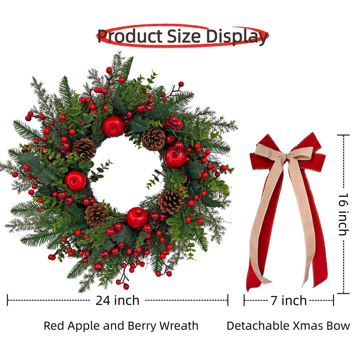 ARTINCRAFIO 24 Inch Christmas Wreath: Includes Red Bow & Zipped Storage Bag - Red Apple Berry Lush Foliage Wreaths for Front Door - Perfect Easy Post-Season Storage for Year-Round Use ARTINCRAFIO