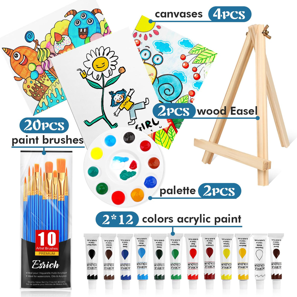 ESRICH 52PCS Acrylic Paint Set, Painting Supplies with 2*12 color acrylic paint (12 ml), 20 brushes, 4 boards, 2 wooden frames, 2 plates, Acrylic Painting Kits for Kids, Adults, Artists and Beginners ESRICH