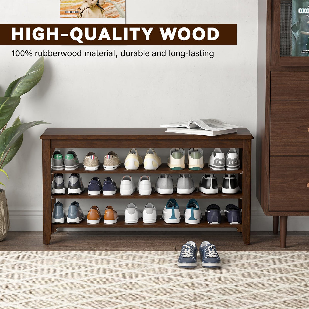 Taitiy Shoe Bench Storage Rubberwood, Entryway Bench with 3-Tiers Height Adjustable, Shoe Rack Front Door Entrance Organizer for Hallway Living Room, Mudrooms, Walnut,31.5" Taitiy
