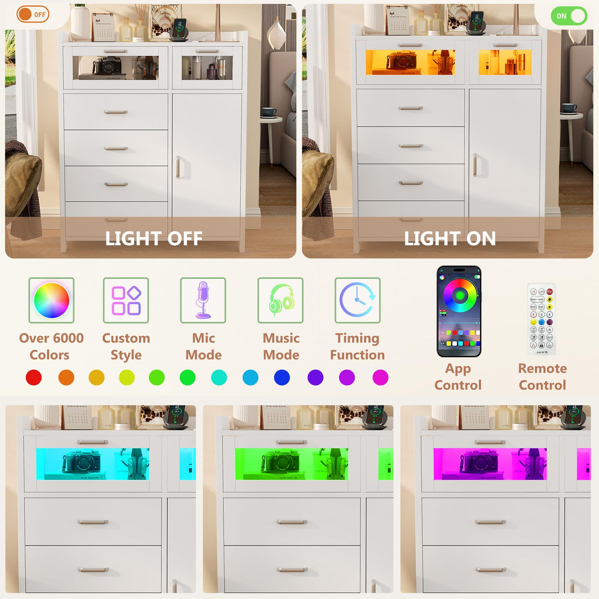 Alohappy 4 Drawers Dresser for Bedroom, Wood Chest of Drawers with Shelves Storage Cabinet, Modern Dresser with LED Lights and Charging Station for Living Room, Closet, Hallway, White Alohappy