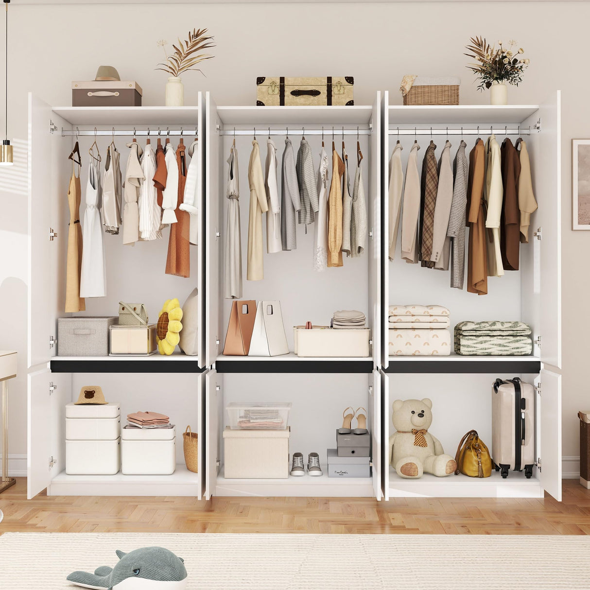 LABROSKIA White Armoire Wardrobe Closet: 74" Wooden Wardrobe Closet with 6 Doors, Bedroom Armoires with Hanging Rod, Tall Closets Cabinet for Hanging Clothes (94.5") LABROSKIA