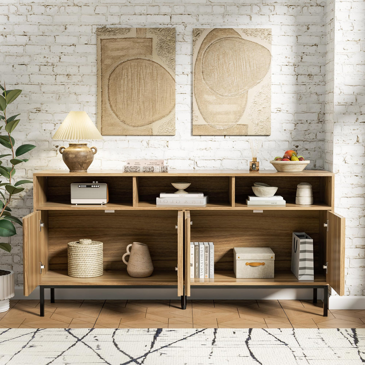 UEV Mid Century Modern Sideboard Buffet Cabinet with Storage, 61.4'' Fluted Sideboard Cabinet,Wood Buffet Cabinet with Metal Legs,Accent Credenza Storage Cabinet with 4 Doors and Spacious Top(Wood) UEV