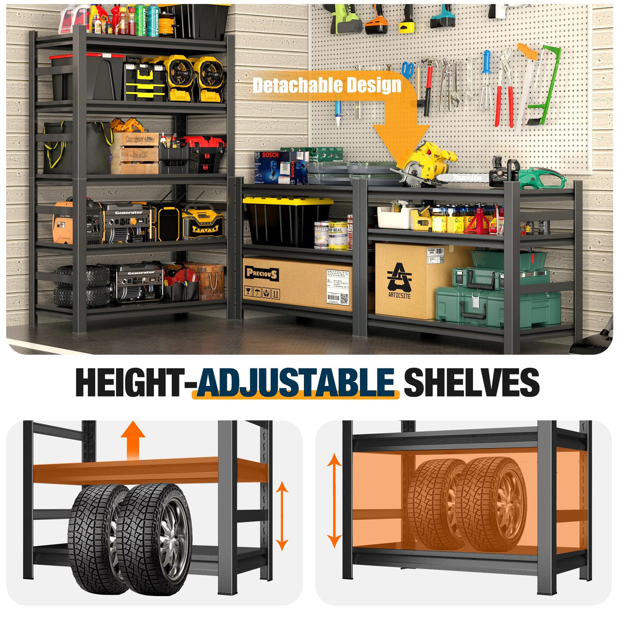 Hymnxemo Heavy Duty Commercial Metal Garage Shelving Rack,Adjustable Industrial Steel Storage Shelves for Warehouse, Garage, Basement, 87" H x 47.2" W x 23.6" D, Black Hymnxemo