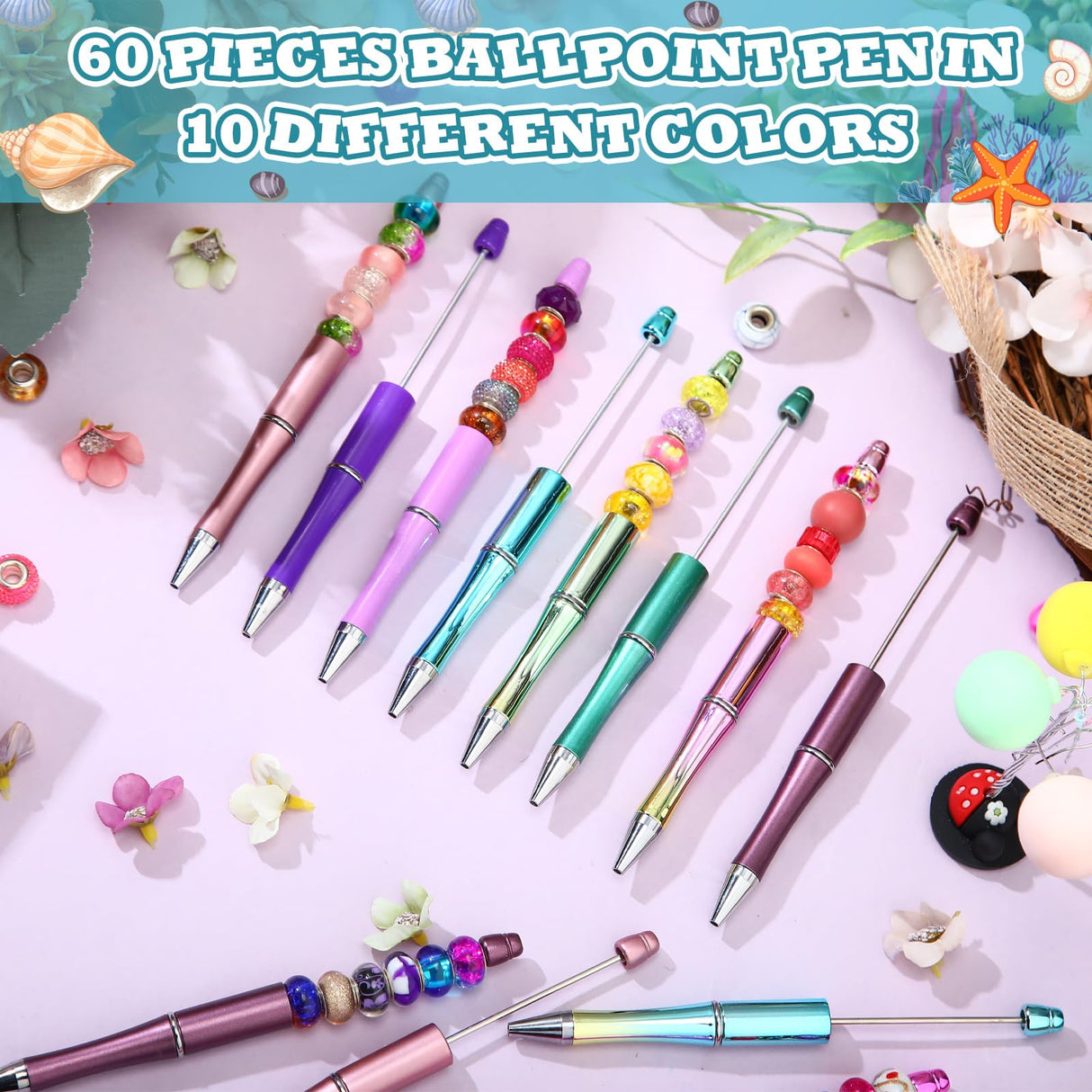 Kosiz 60 Pieces Plastic Beadable Pen Bead Ballpoint Pen Black Ink Beaded Pens for Kids Students Presents Office School Supplies (Mermaid Colors, Classic) Kosiz