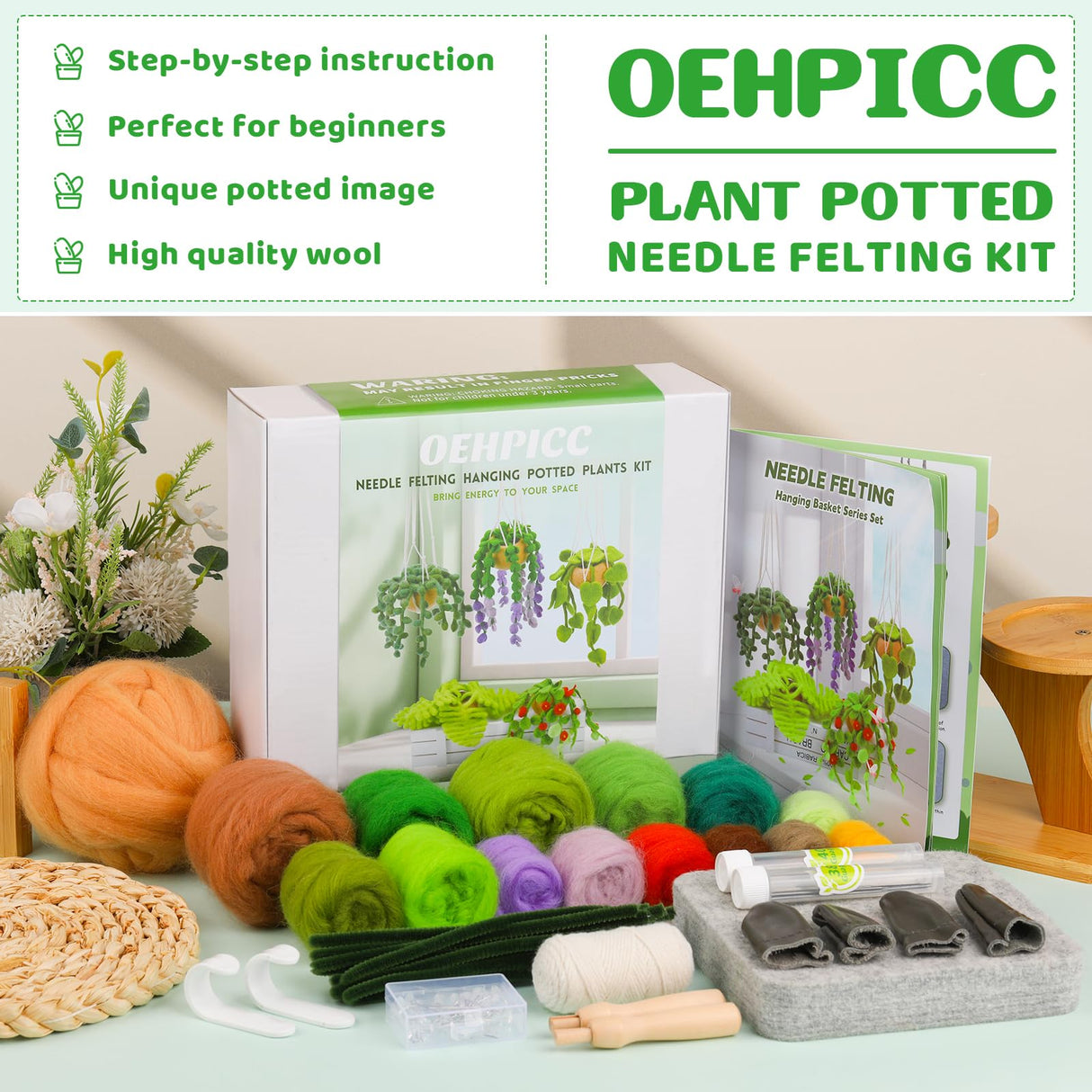 OEHPICC Needle Felting Kit, 5 Pack Hanging Plants Needle Felt Beginner Kit, Including Basic Needle Felting Tools, Instructions, Needle Felt Craft Kit for Indoor Outdoor Office and Home Decor OEHPICC