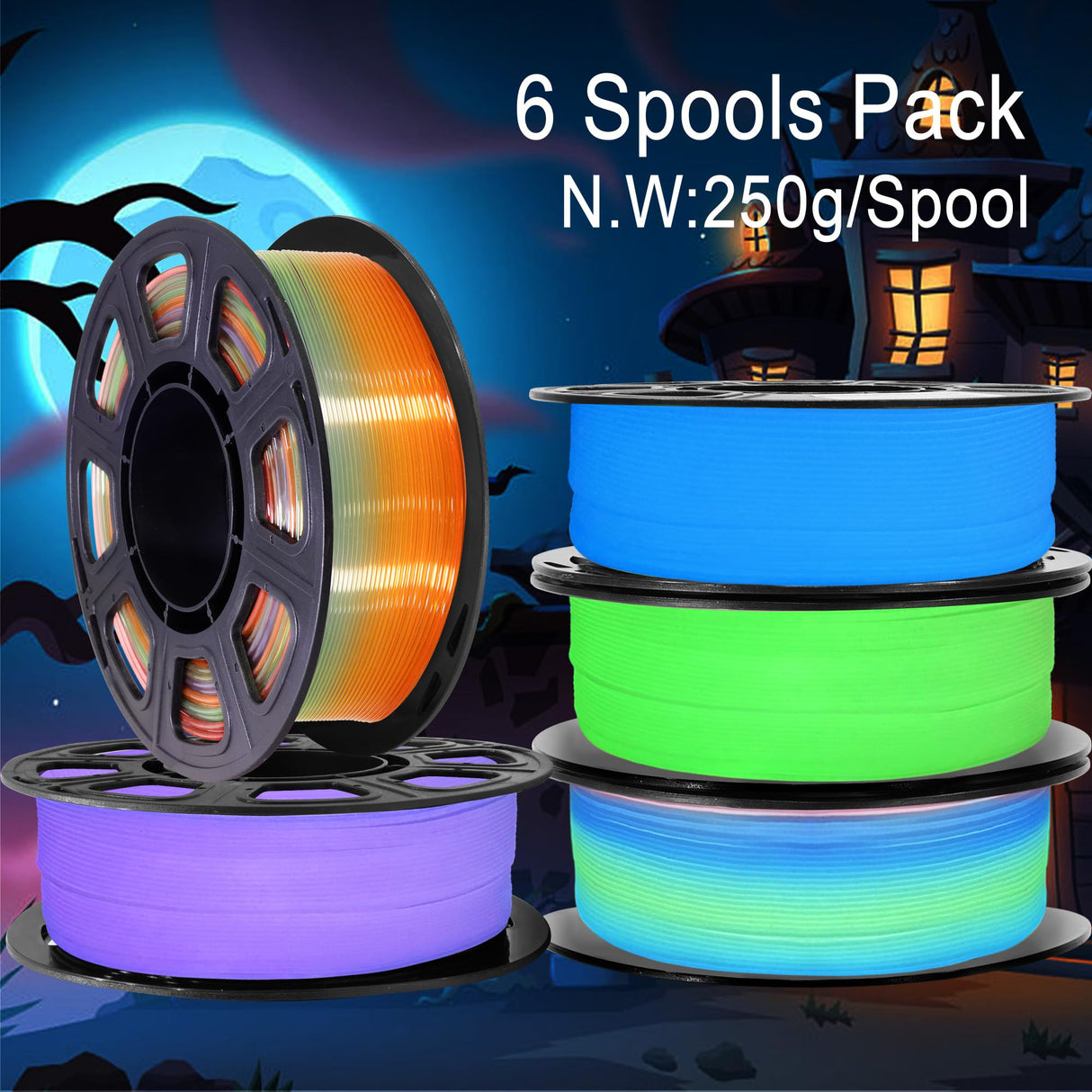1.75mm PLA 3D Printer Filament Bundle: Glow in Dark Green/Blue/Purple/Rainbow, One Spool Clear Multi Colored, Each Spool 250g, Total 1.25Kg 3D Printing Material, 250g x 5 Spools Glow in Dark PLA DO3D