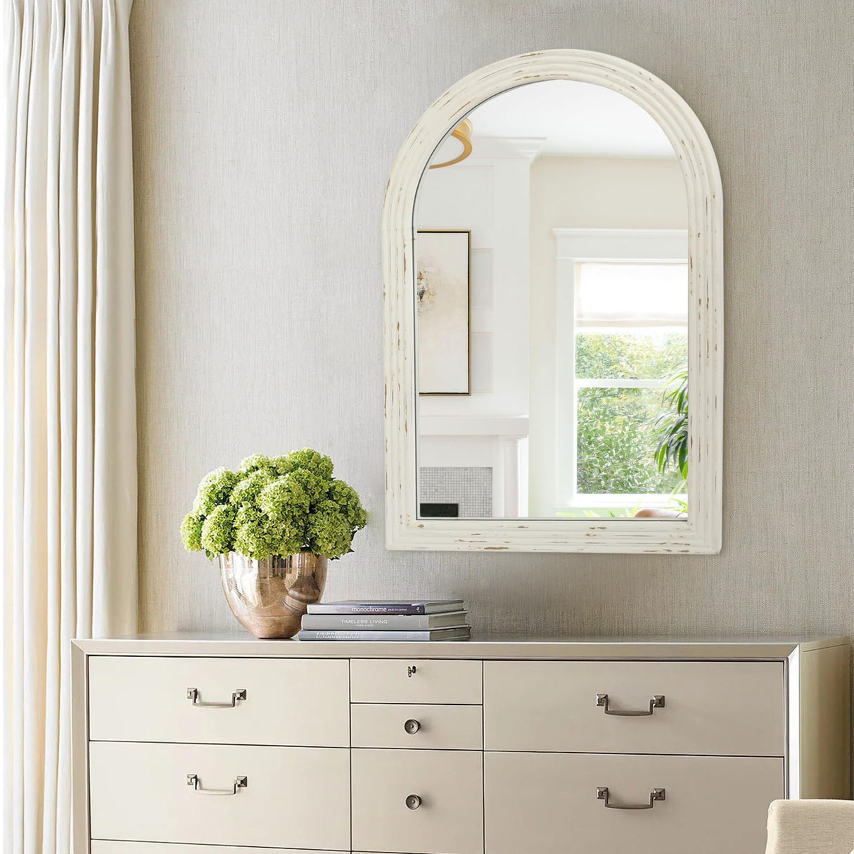 eodme Farmhouse Arched Wall Mirror, White Distressed Wood Mirror, Decorative Mirror for Bathroom Living Room Bedroom Entryway, 20''×30'' eodme