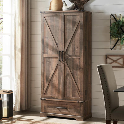ACCOHOHO 72" Farmhouse Kitchen Pantry Cabinet with Drawer, Tall Storage Cabinet with 2 Barn Doors and Shelves, Versatile Large Rustic Cabinet for Dining Room, Bathroom, Living Room, Rustic Brown