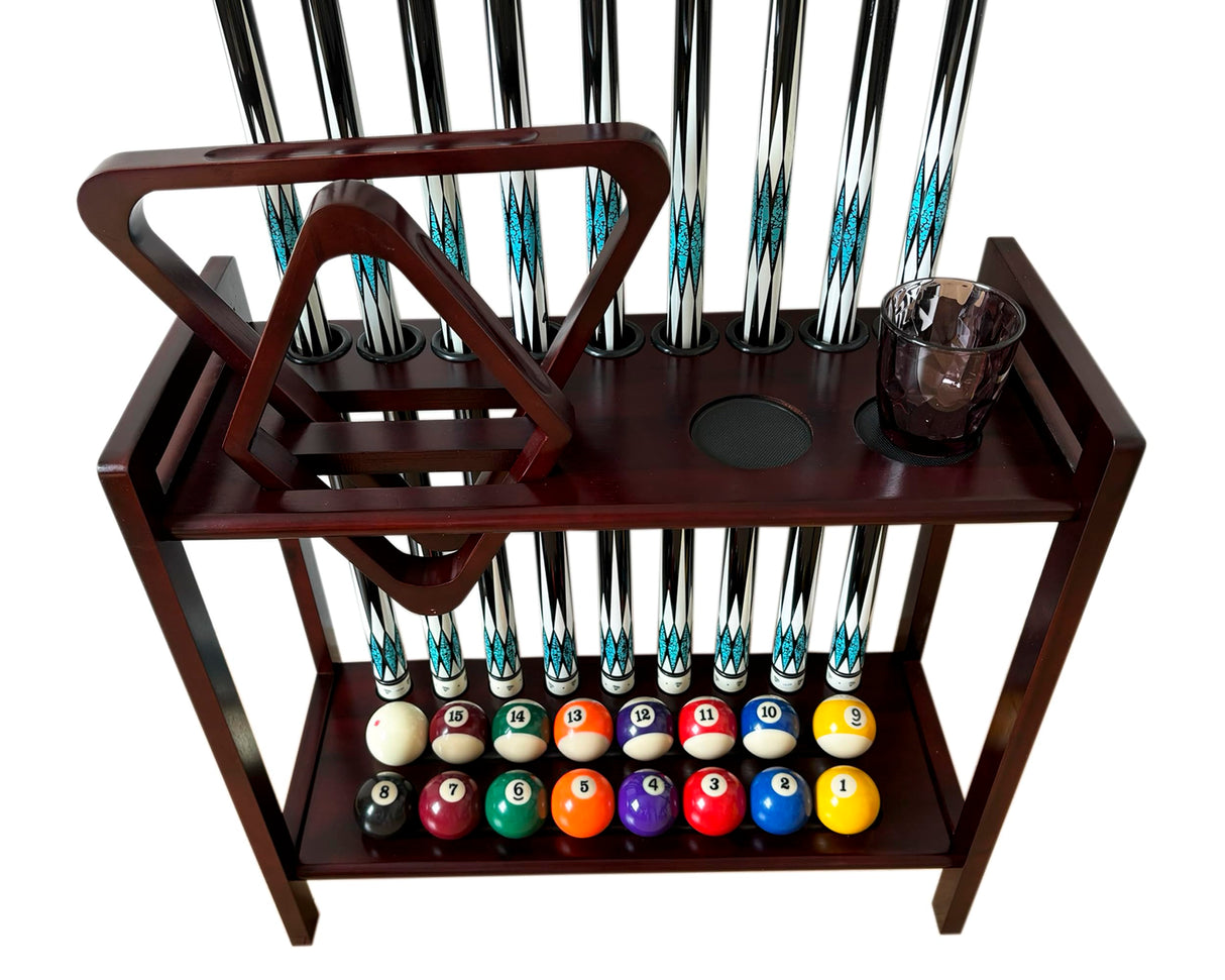 GACCO BILLIARDS Pool Stick Holder Floor Stand Holds 9 Cues & Pool Table Accessories. Wooden 2-Tier Cue Stick Storage with Ball Rack Hangers, Billiard Cone Chalk Holder or Drink Pads (Mahogany) GACCO BILLIARDS