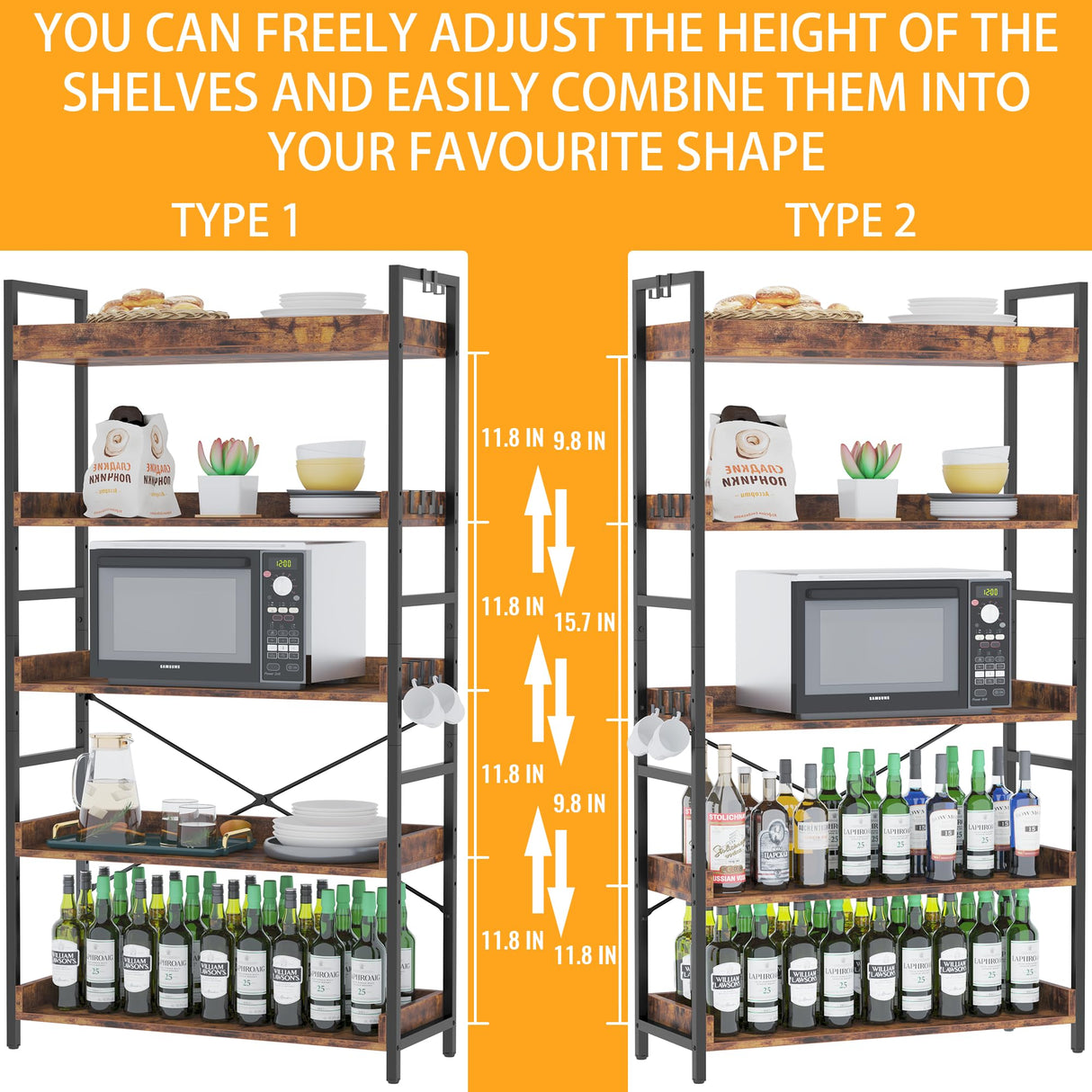 HCHQHS 5 Tier Bookshelf, Adjustable Industrial Bookcase, Vertical Tall Book Shelf, Wood and Black Metal Open Bookshelves for Home Office, Living Room, Bedroom HCHQHS