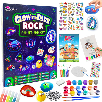 Rock Painting Kit for Kids 6-12 - Glow in The Dark Rock Painting Crafts Set, Arts and Crafts for kids ages 8-12, Stencils for Painting, Water Coloring book for 6, 7, 8, 9, 10, 11, 12 Year Old Kids