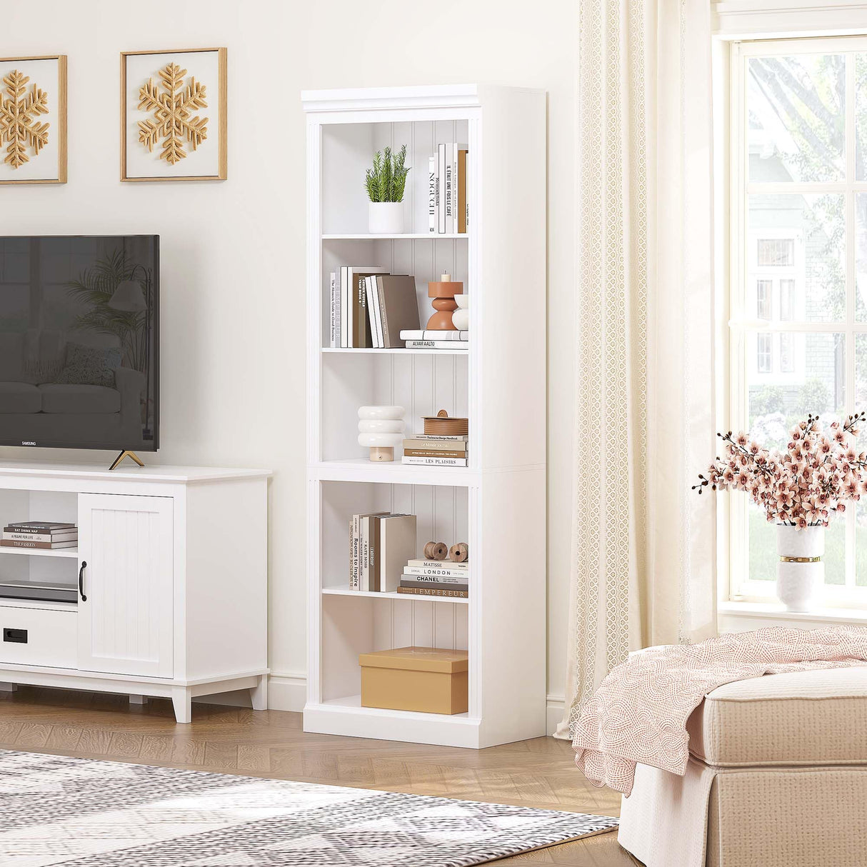 Spirich 5 Tier White Bookshelf, Tall Bookshelf with Storage, Open Wooden Book Shelf, Modern Large Bookcase for Living Room, Home Office, Dinning Room Spirich