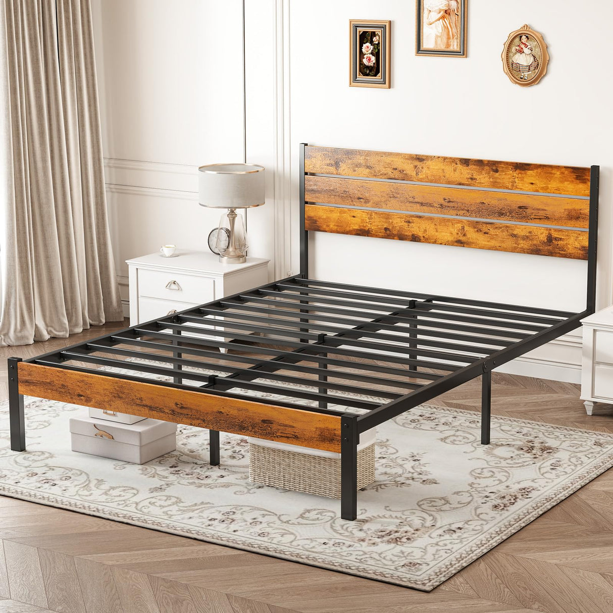 Sweetcrispy Queen Size Bed Frame with Headboard, 800LBS Mattress Foundation with All Sturdy Metal Support, Under Bed Storage, No Box Spring Needed, Easy Assembly, Rust Brown Sweetcrispy