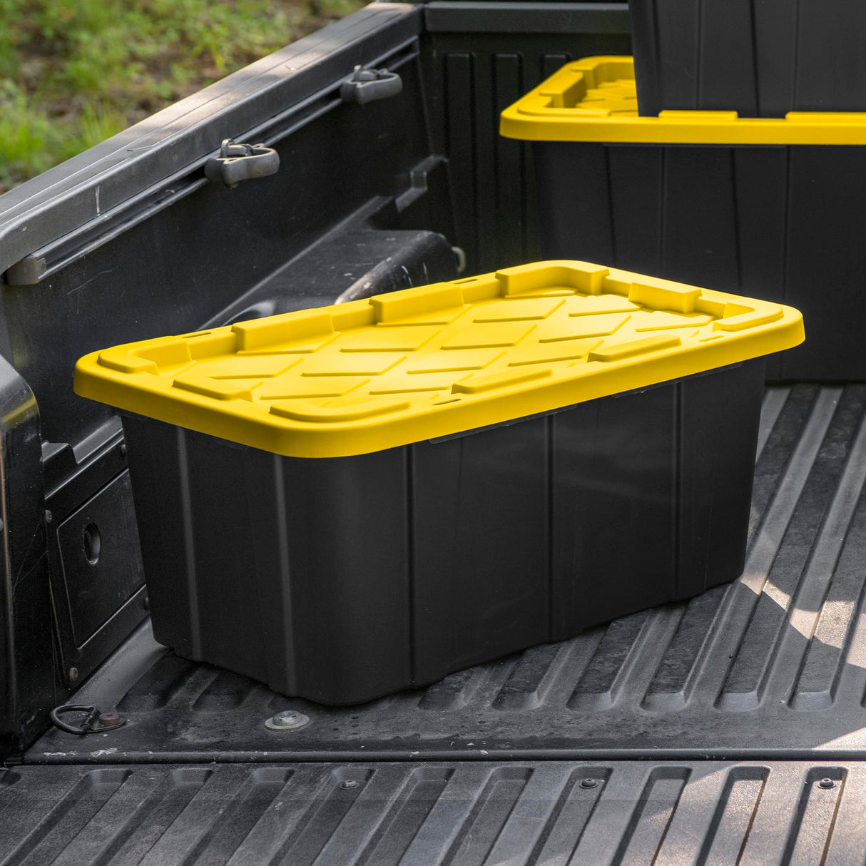 Sterilite 17 Gal Industrial Tote, Stackable Storage Bin with Snap-Fit Lid for Garage, Basement & Attic Storage, Black Base and Yellow Lily Lid, 6-Pack Sterilite