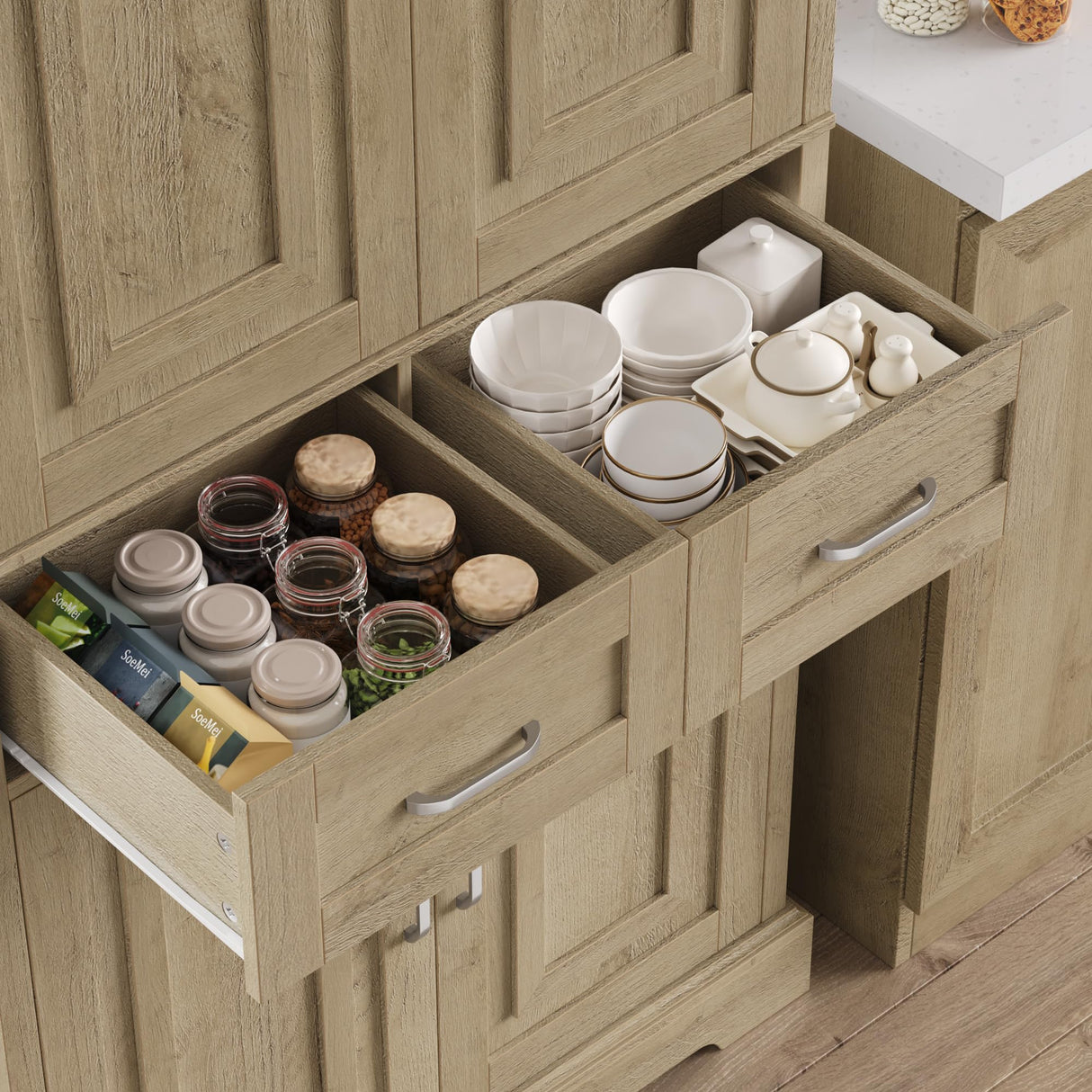 FACBOTALL Kitchen Pantry Storage Cabinet, 71" Tall Storage Cabinet with 4 Doors and 2 Drawers, Utility Kitchen Pantry with Adjustable Shelves for Dining Room Living Room,Light Oak FACBOTALL