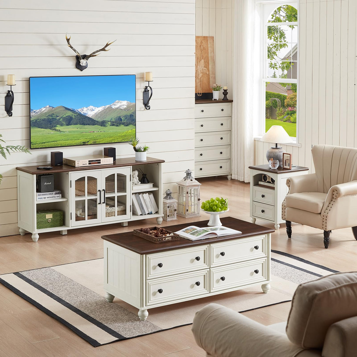 RWYHG Farmhouse TV Stand for 65 Inch TV, Wood Entertainment Center with Adjustable Shelves & Glass Door Storage Cabinet,Television Stands for 70" TVS,TV Console Table for Living Room,Bedroom,White RWYHG