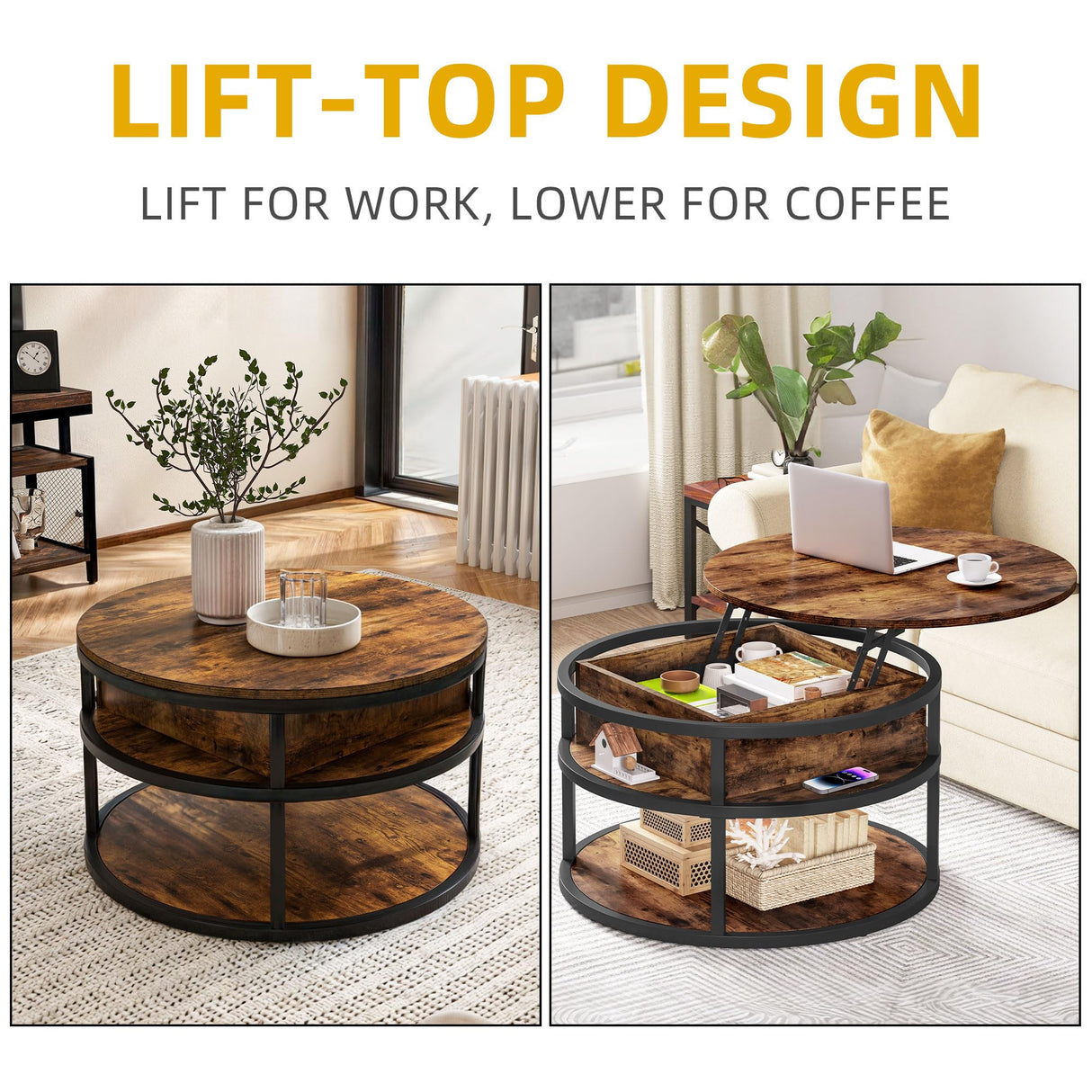 DWVO Round Lift Top Coffee Tables for Living Room, Circle Coffee Table with Storage & Hidden Compartment, Farmhouse Wood Coffee Tables with Lifting up Living Room for Home Office Samll Table, Brown DWVO