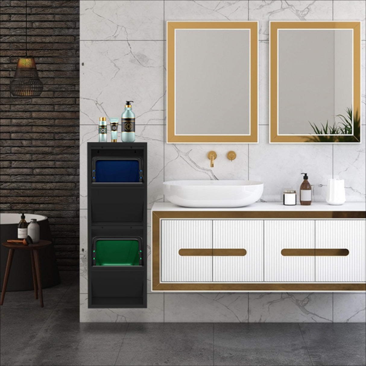 Tilt-Out Trash Can Cabinet with 2 Garbage Cans - Waste Storage Solution for Kitchen and Garage | Tilt Out Trash Can Cabinet | Garbage Can Cabinet | kitchen Garbage Can Holder (Black, 2 Buckets) European Furniture