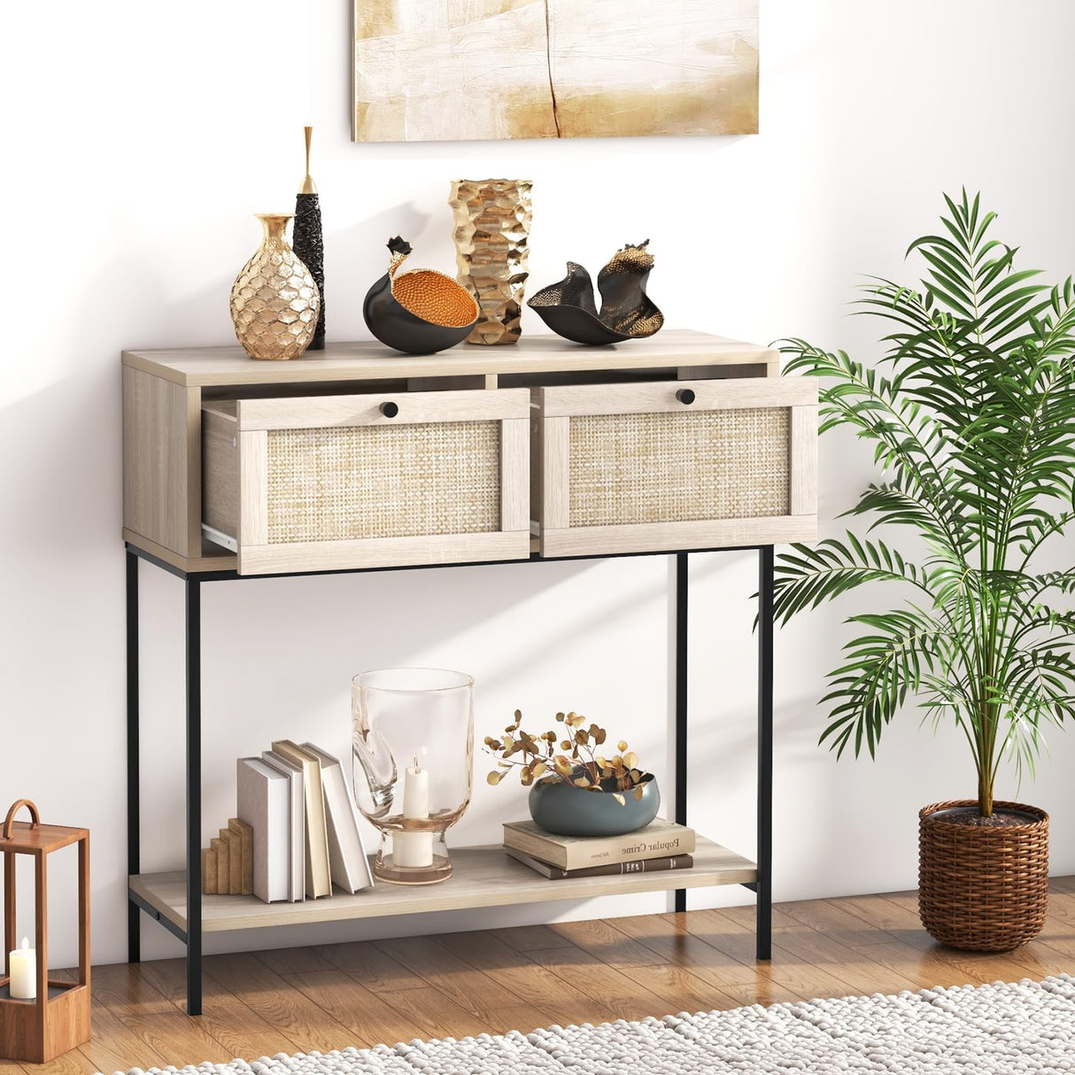 Giantex Console Table with Rattan Drawers - 31.5" Entryway Table w/ 2 Drawers & Open Storage Shelf, Metal Frame, Boho Style Long Sofa Side Table, Narrow Entry Table for Living Room Foyer Hallway Giantex
