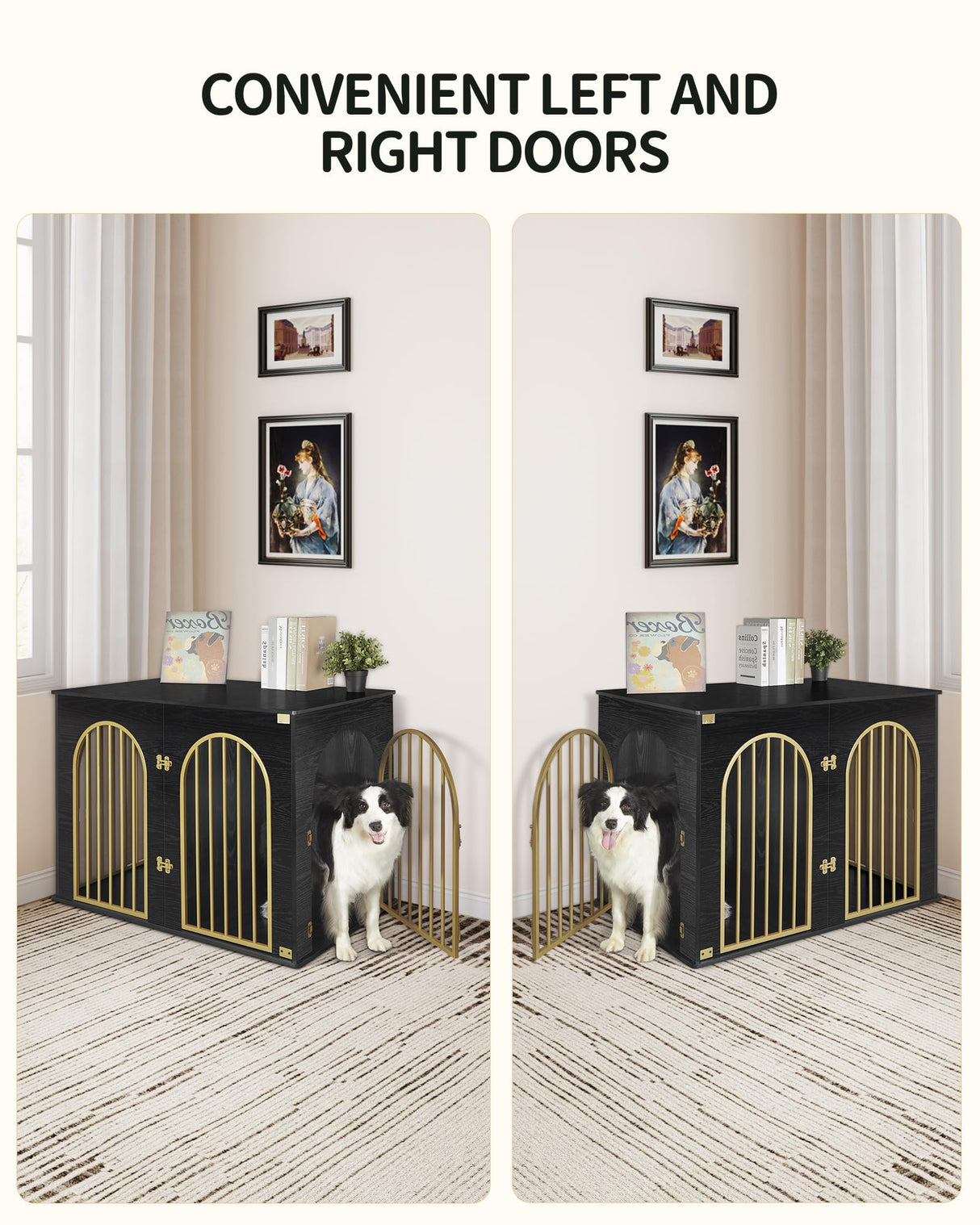 Hzuaneri 44.1'' Dog Crate Furniture, Dog Kennel Indoor Arched Door Design, 3 Door Wooden Dog Crate Furniture for Small/Medium/Large Dog, Side Table, TV Stand, Anti-Chew, Anti-Escape, Black Gold Hzuaneri