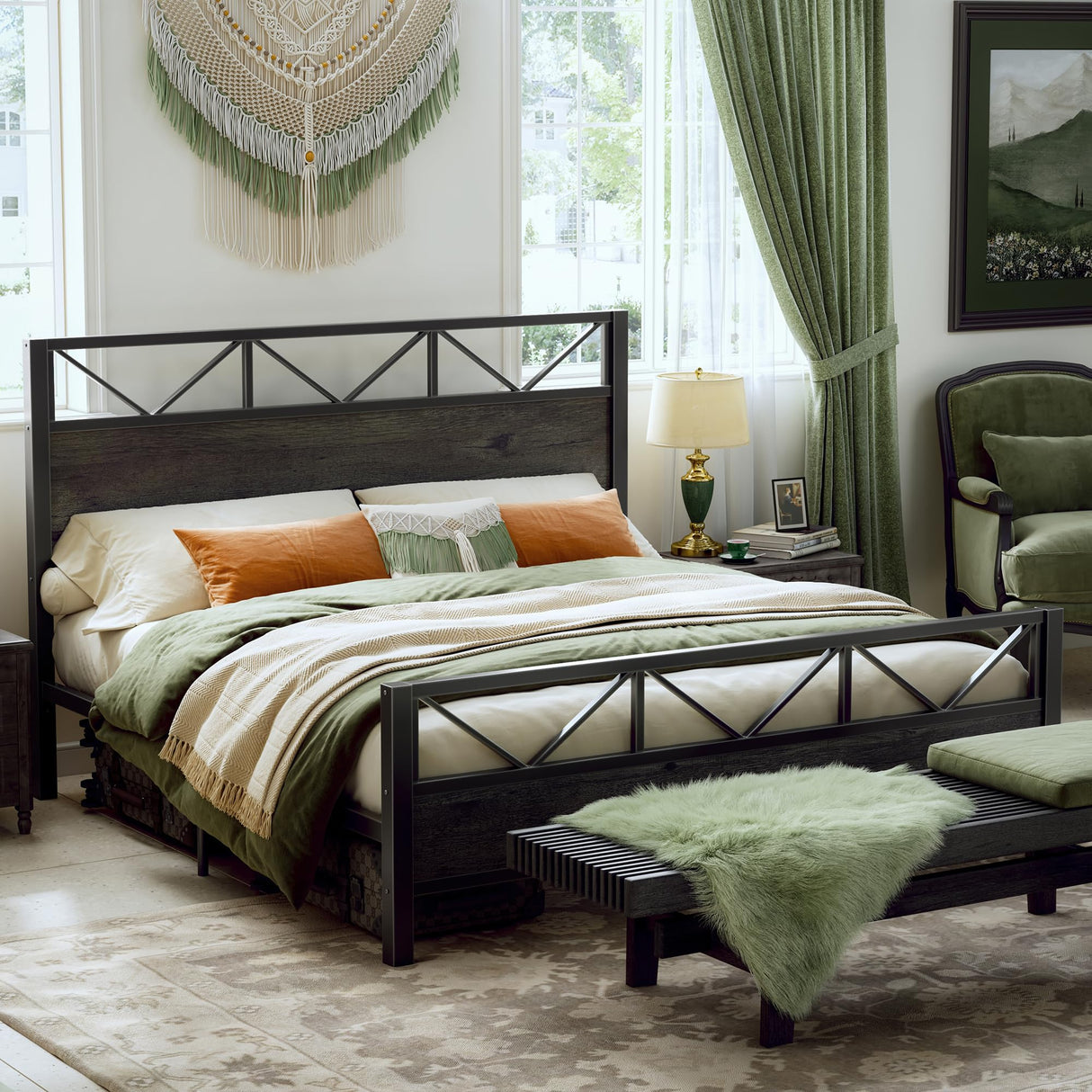 LIKIMIO King Bed Frame, Tall Industrial Headboard 51.2 ", Platform Bed Frame with Strong Metal Support, Solid and Stable, Noise Free, No Box Spring Needed, Easy Assembly, Charcoal Grey LIKIMIO