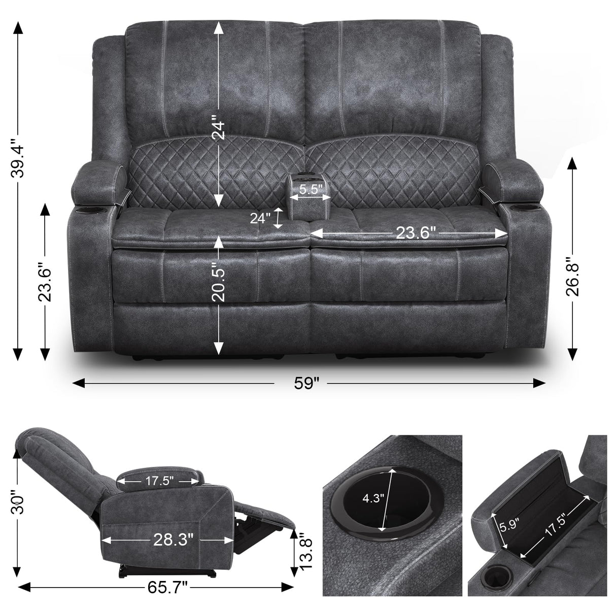Yolsali Loveseat Recliner Sofa, Manual Reclining Loveseat with Removable Armrest, Dutch Velvet Recliner Loveseat for Adults with 2-Tier Cushions, USB Charging Ports, Cup Holders - Grey Yolsali