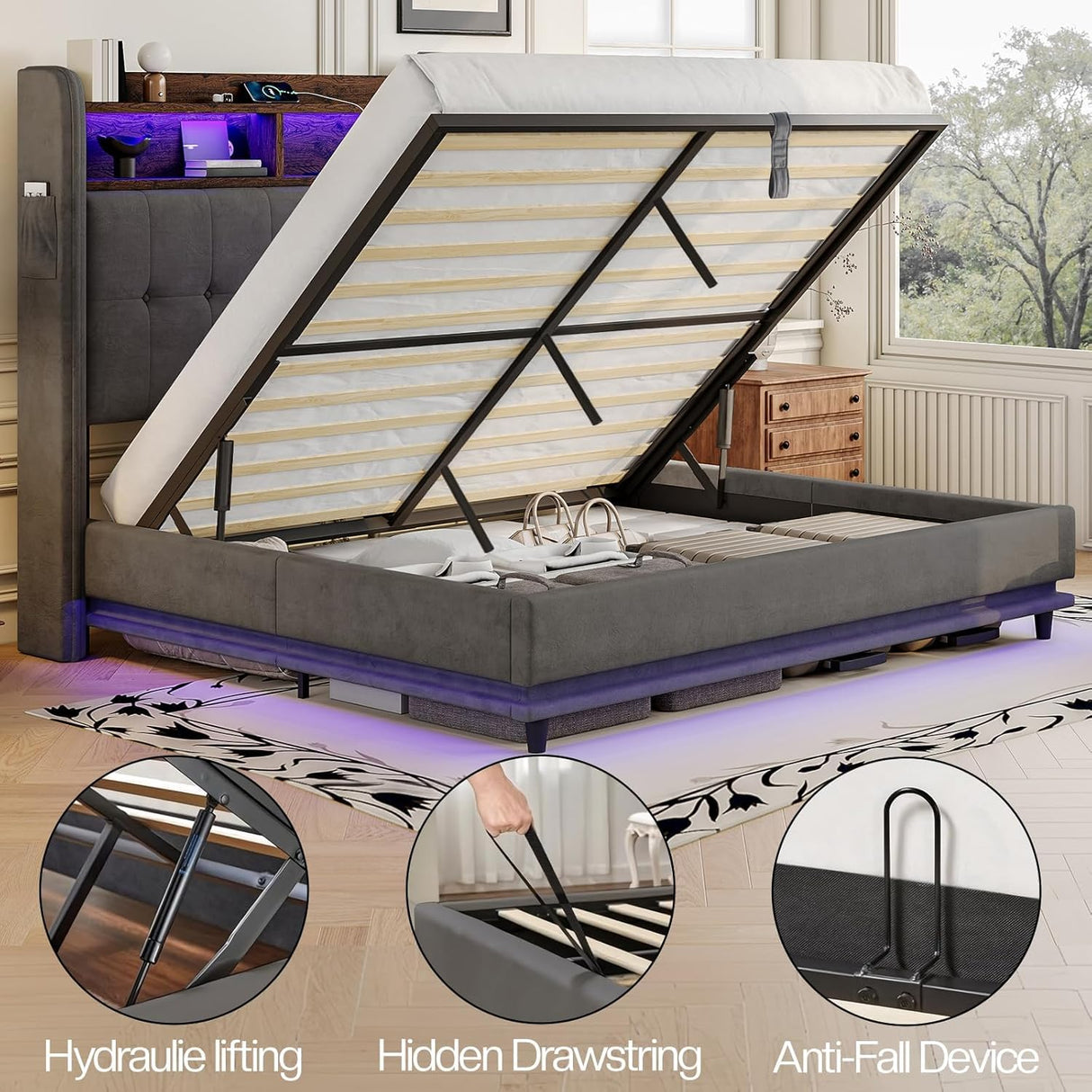 Jocisland 53.1" H Queen Size Bed Frame with Hydraulic Lift Up Storage, RGB LED & Built-in Bookcase Headboard, Velvet Upholstered Wingback Design, No Box Spring Needed, Dark Grey Jocisland