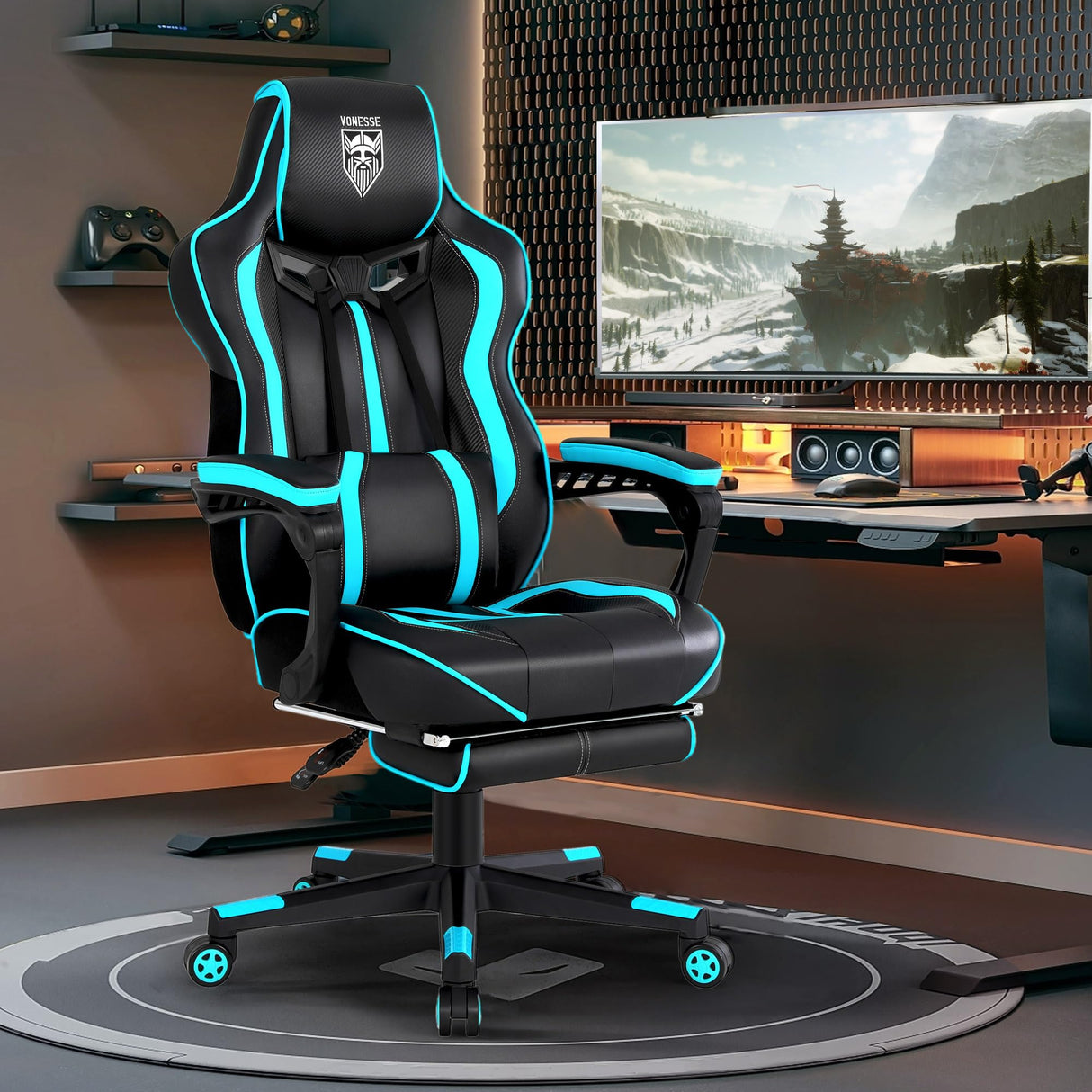 Vonesse Gaming Chair for Adults Gaming Chairs with Footrest Reclining Computer Gaming Chair for Heavy People Gamer Chair Big and Tall Ergonomic Game Chair Racing Chair with Lumbar Pillow(Teal/Cyan) Vonesse